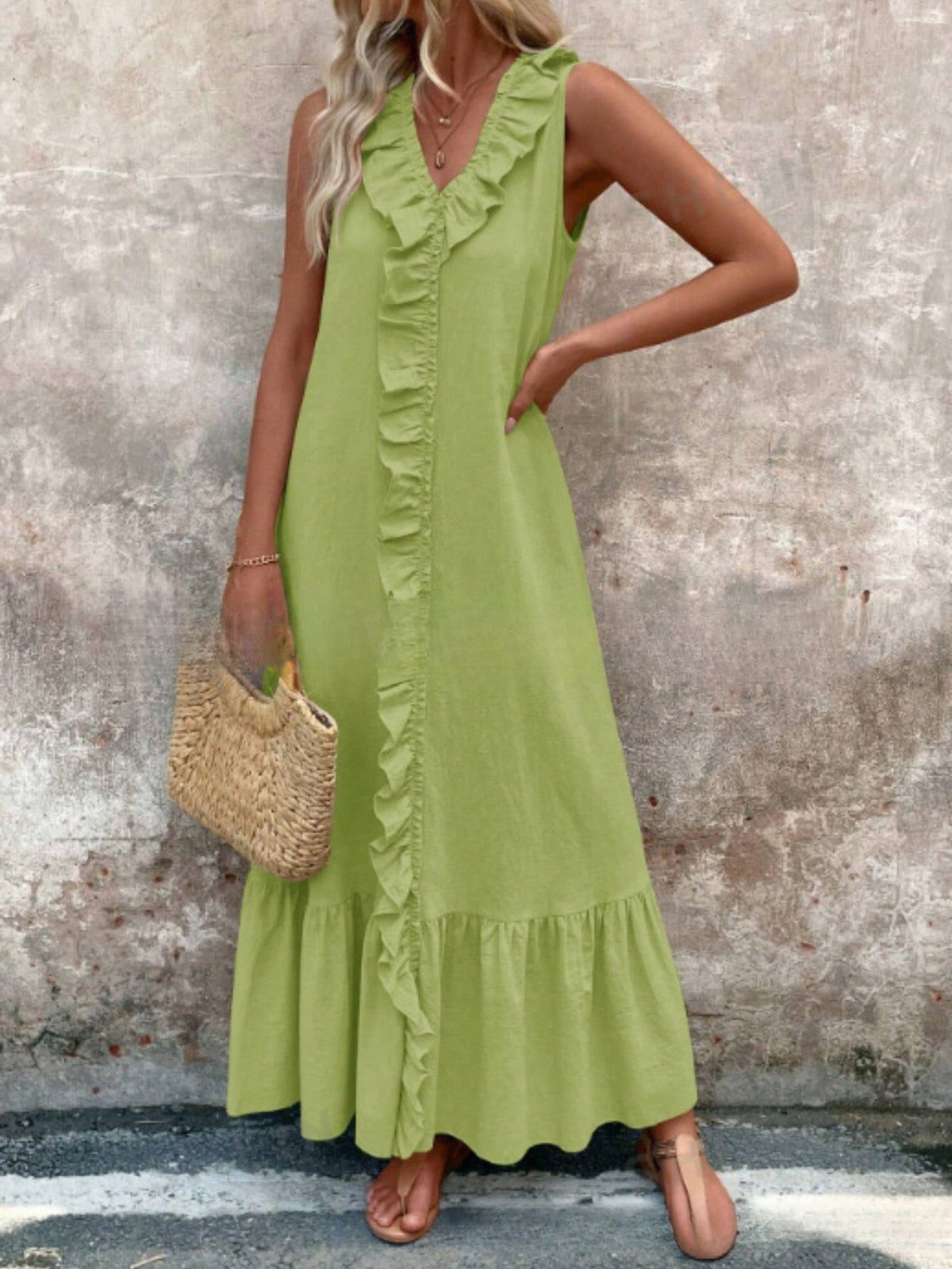 Sleeveless V-Neck Women's Elegant Green Ruffle Hem Midi Dress