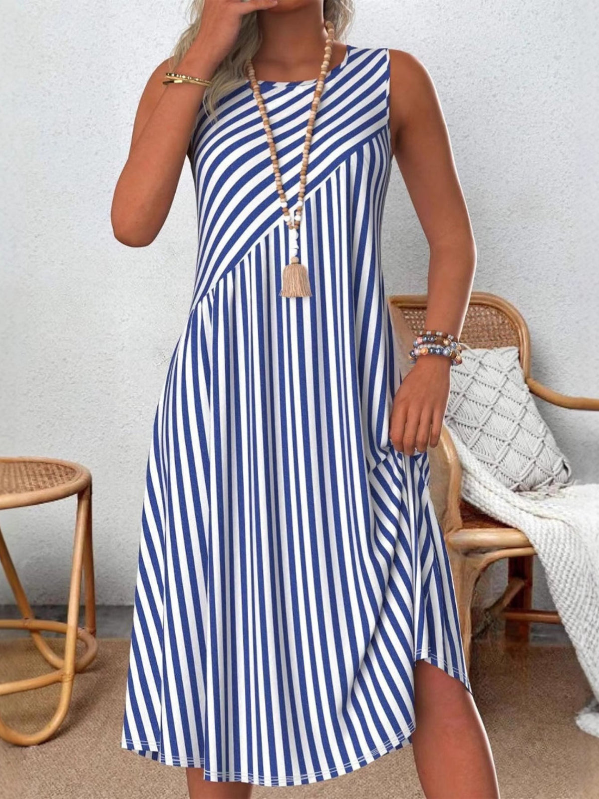 Striped Crew Neck Sleeveless Comfy Casual Midi Dress
