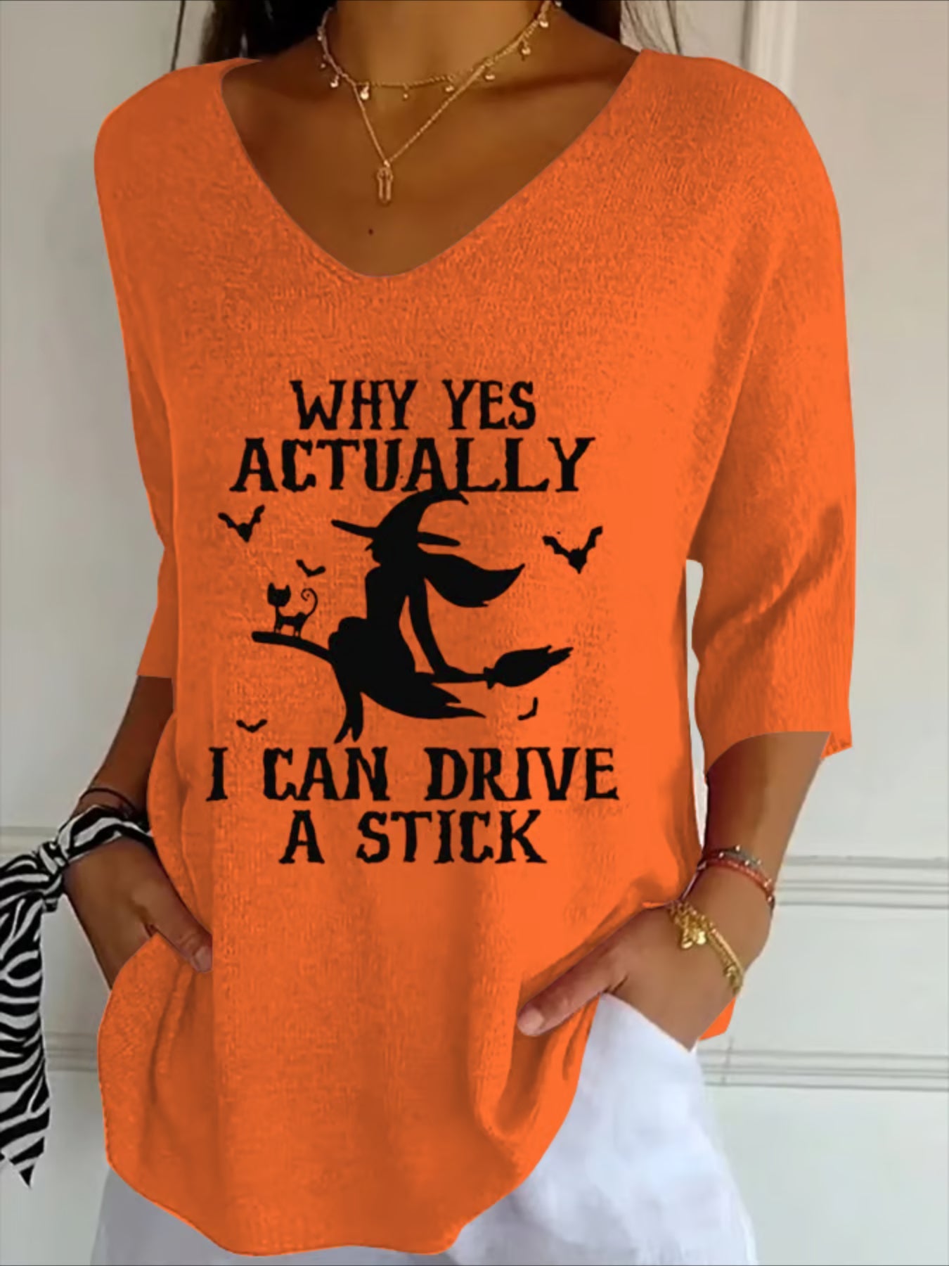 Halloween Printing Three Quarter Sleeve V Neck Casual Graphic Tee