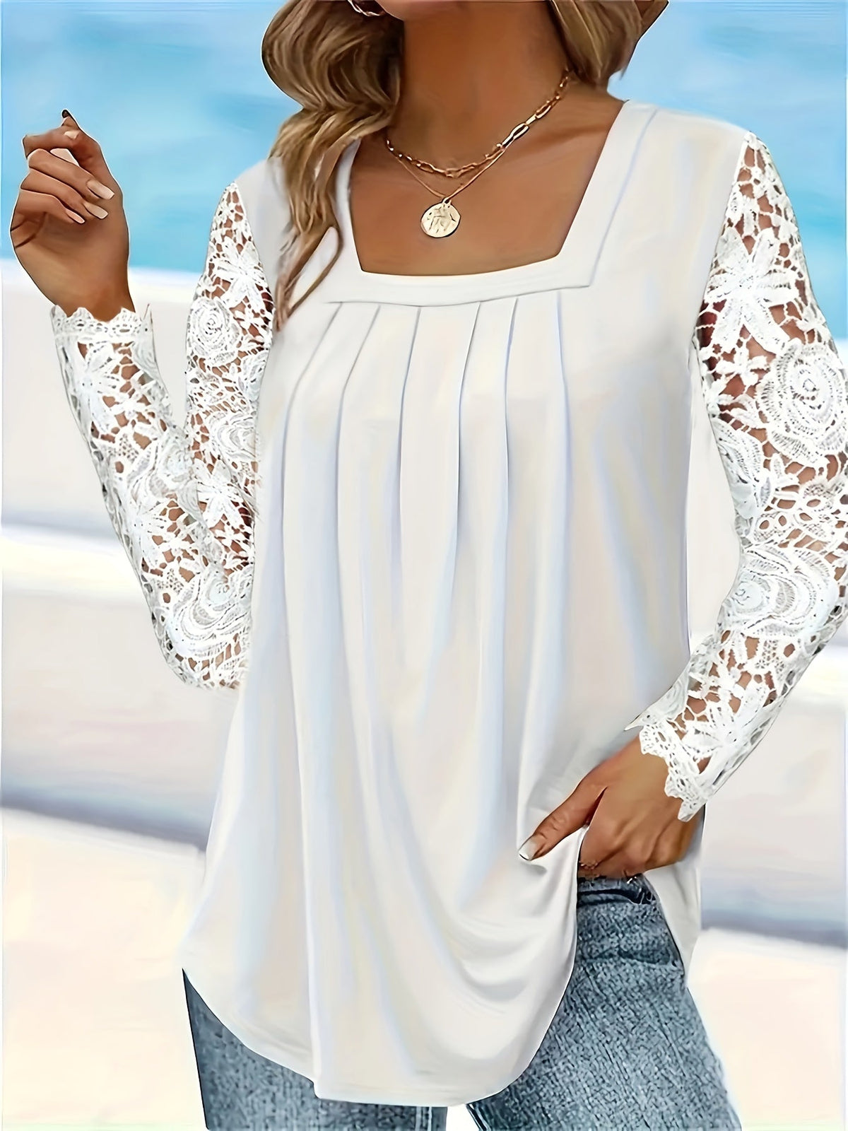 Lace Stitching T-Shirt, Casual Square Neck Long Sleeve T-Shirt
