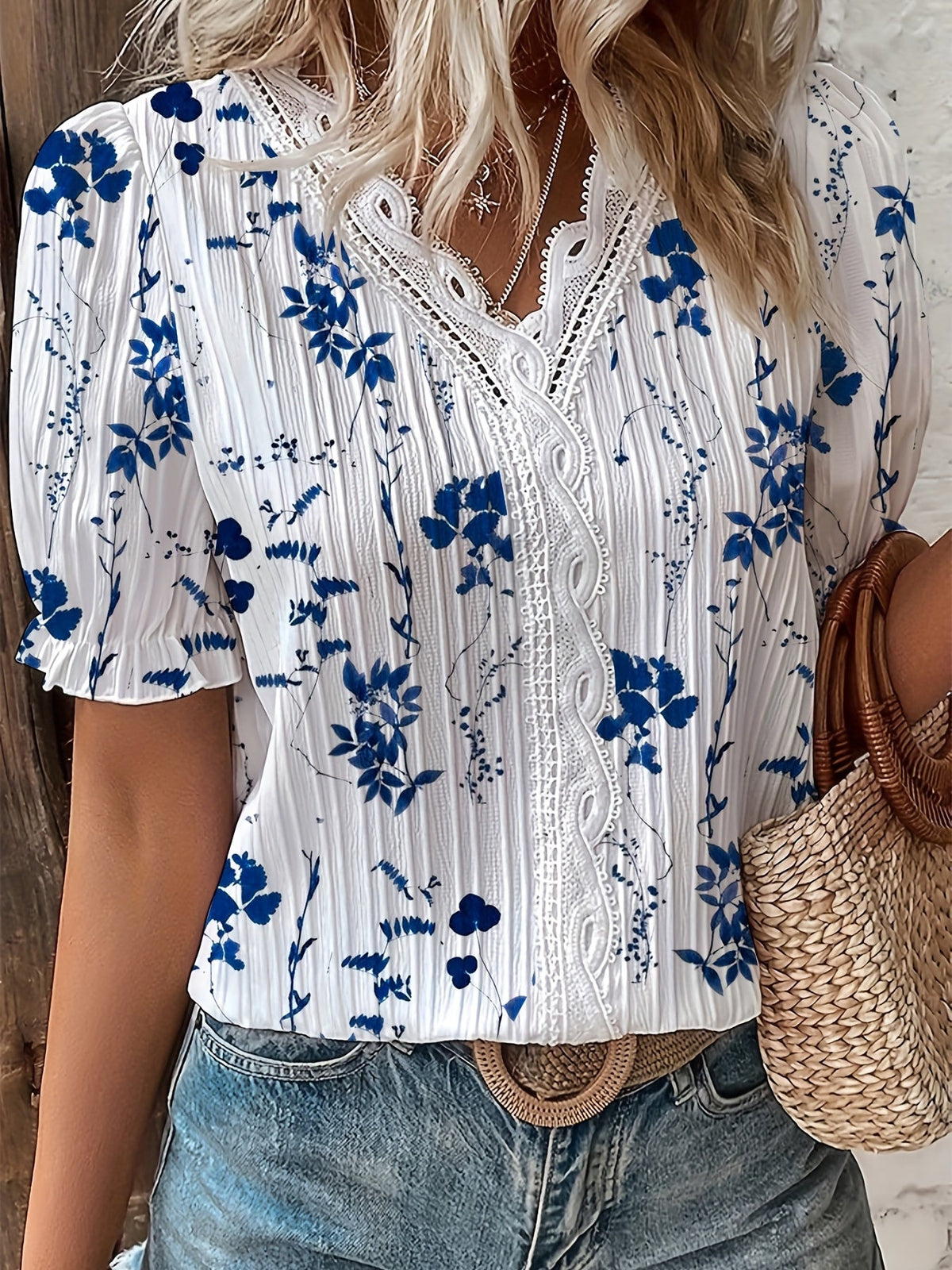 Floral Print Lace Trim Blouse, Vacation Striped V Neck Short Sleeve Blouse