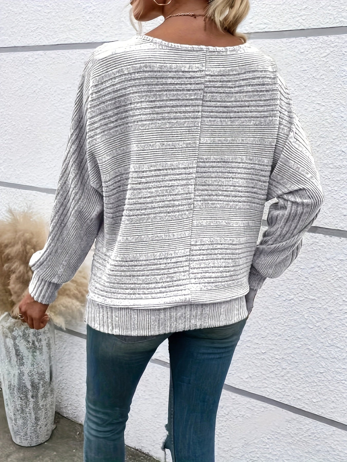 Ribbed Crew Neck T-Shirt, Elegant Long Sleeve T-Shirt