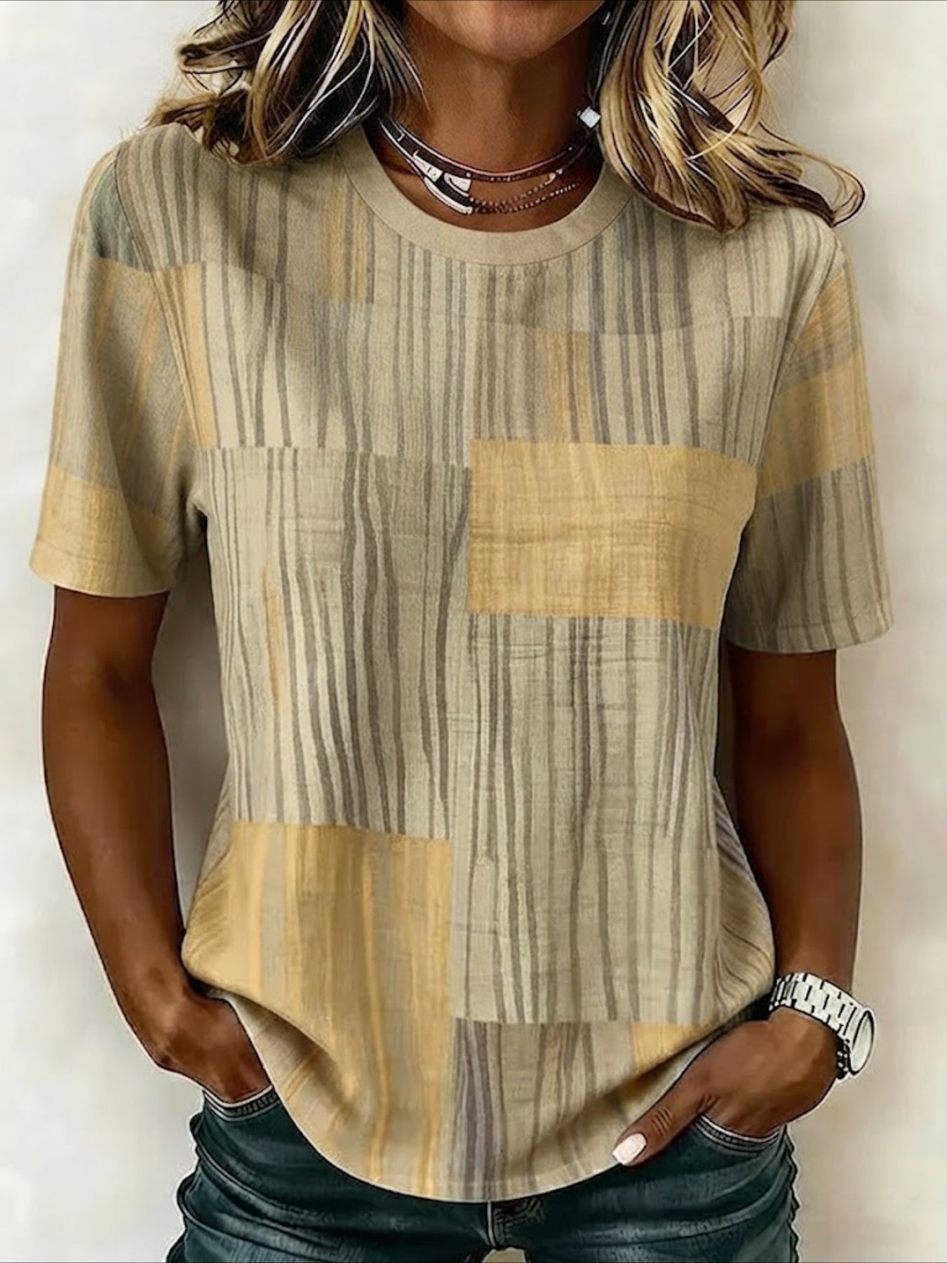 Stripe Casual Pattern Crew Neck Short Sleeve T-shirt