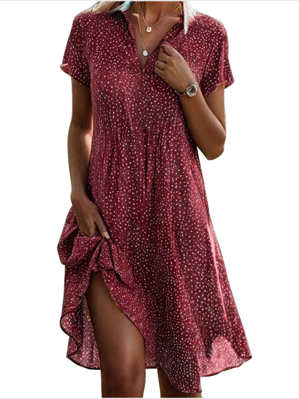 Polka Dot Print Collared Dress, Casual Short Sleeve Dress