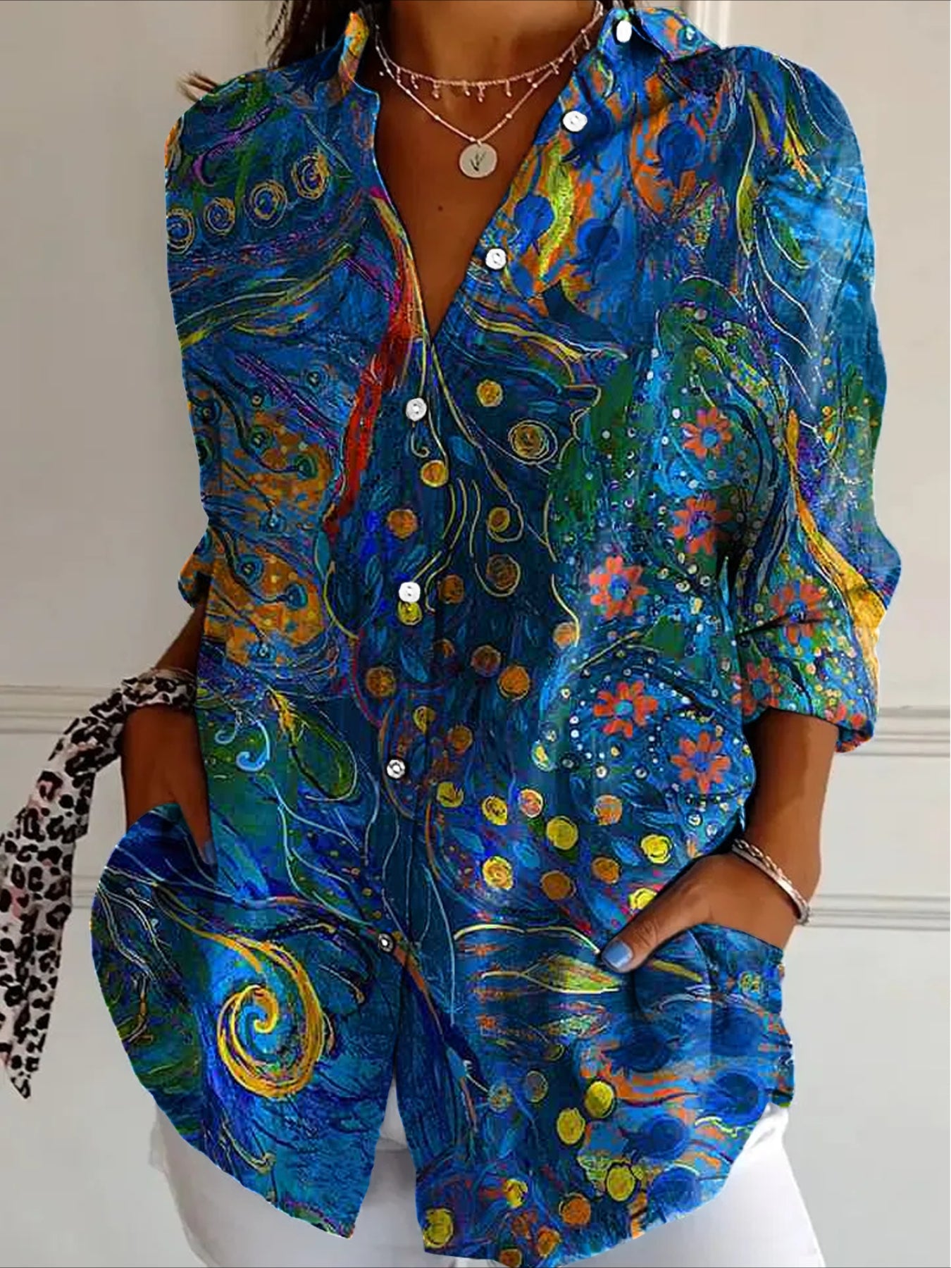 Casual Floral Print Blouse with Lapel Collar
