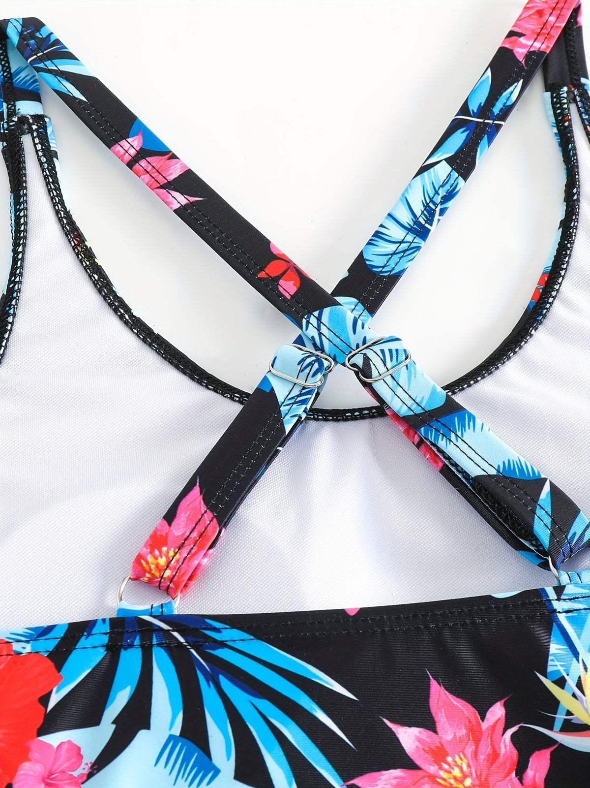 Tropical Print Round Neck Tankini Sets, Drawstring Straps Boxer Short Bottom Two Pieces Swimsuit