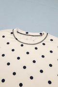 White Polka Dot Short Sleeve Loose Top Drawstring Shorts Set