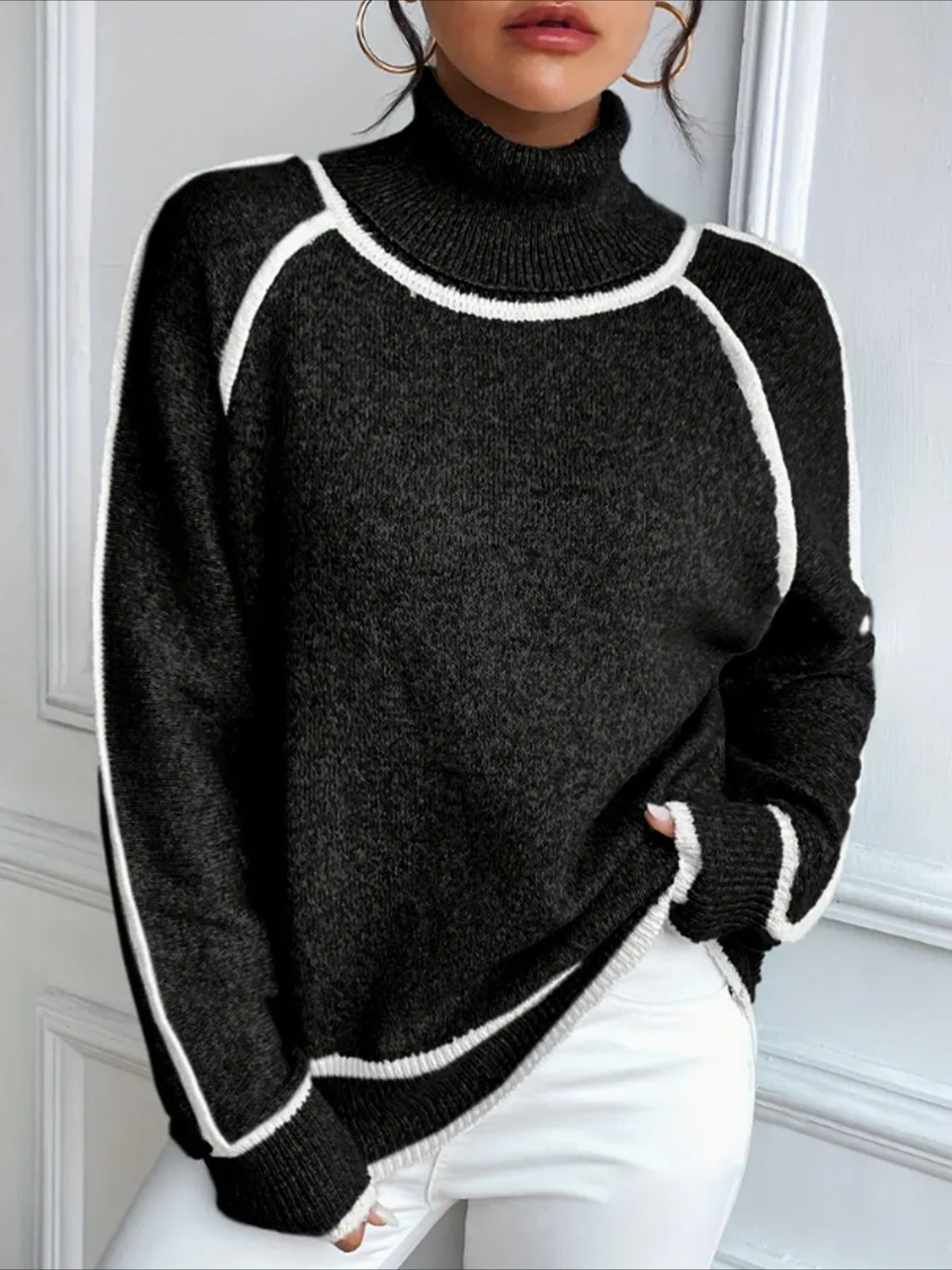 Stylish Contrast Trim Turtle Neck Sweater - Cozy Casual Long Sleeve Sweater