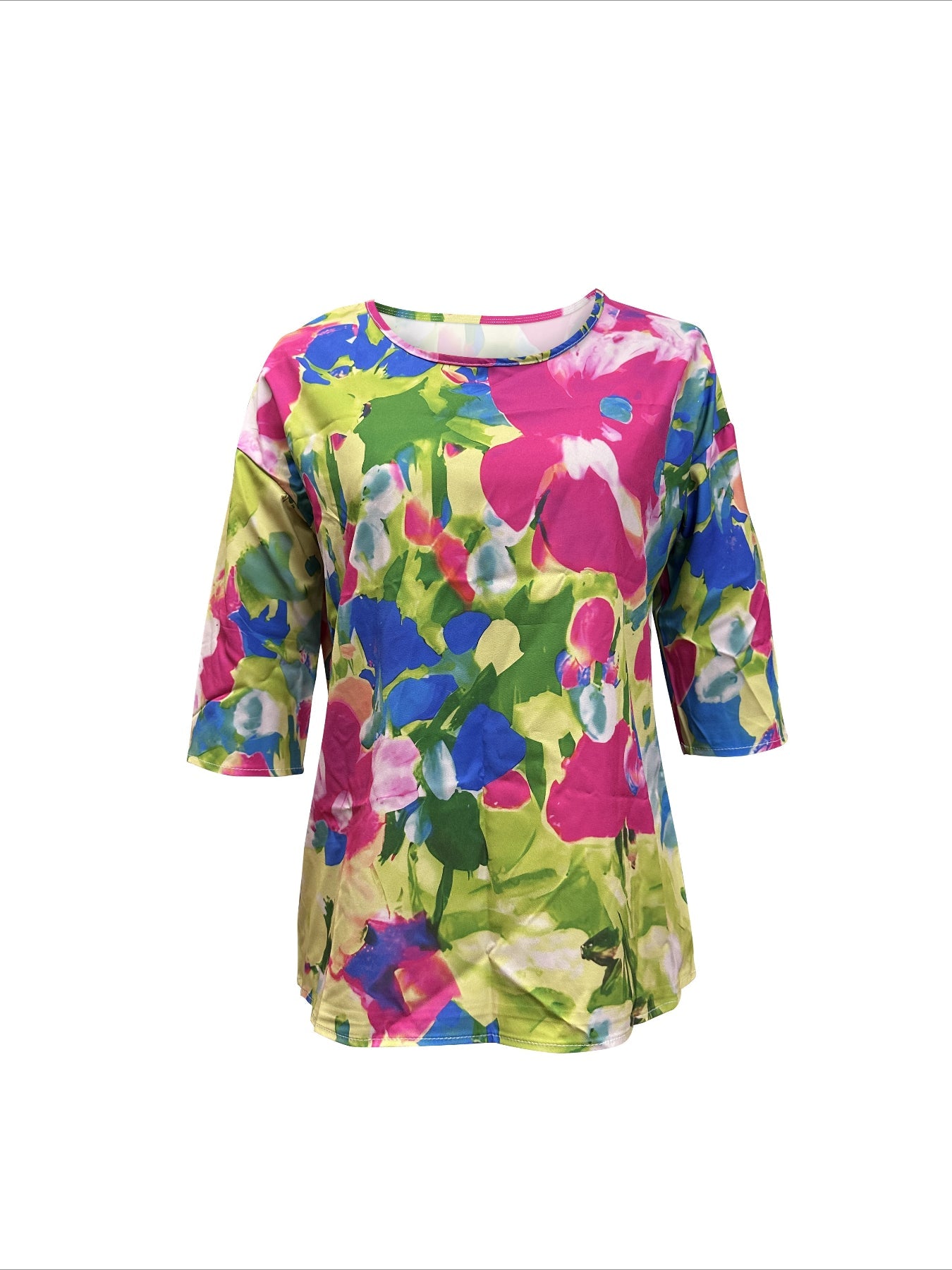 Floral Print Crew Neck Blouse, Casual 3/4 Sleeve Top