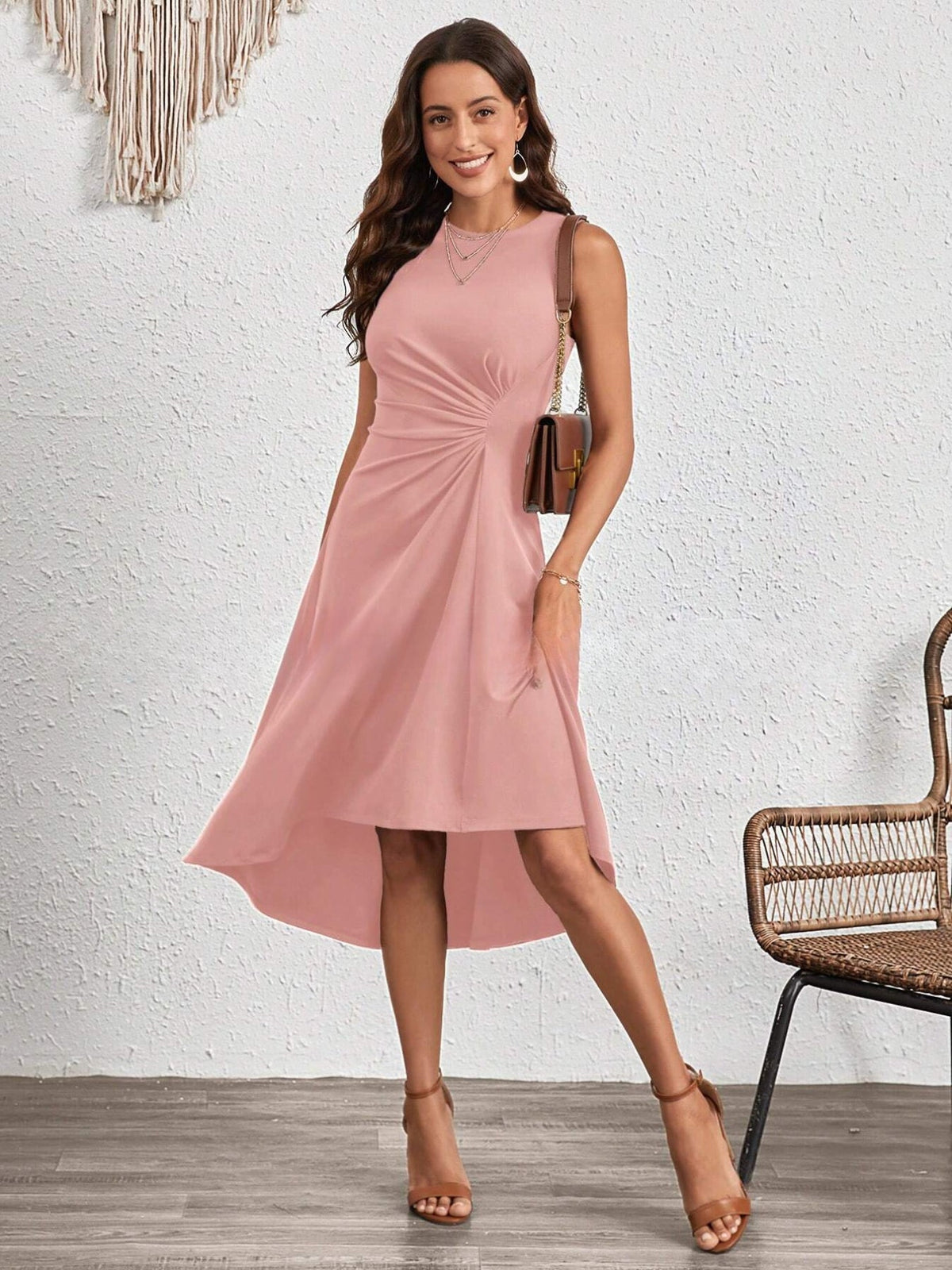 Ruched Solid Crew Neck Dress, Elegant Short Sleeve Dress