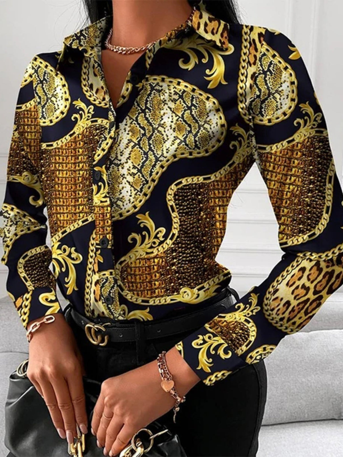 Women's Blouse V-neck Print Button Long Sleeve Loose Fall Blouse