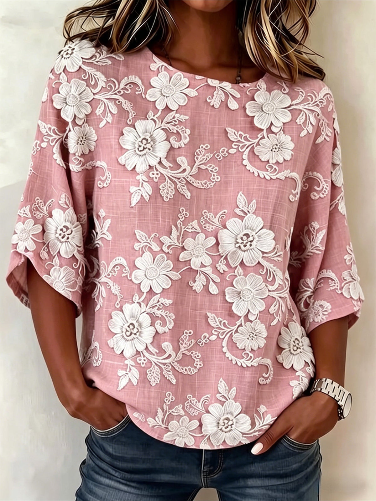 Loose Cotton And Linen Round Neck Half Sleeve Vintage Shirt