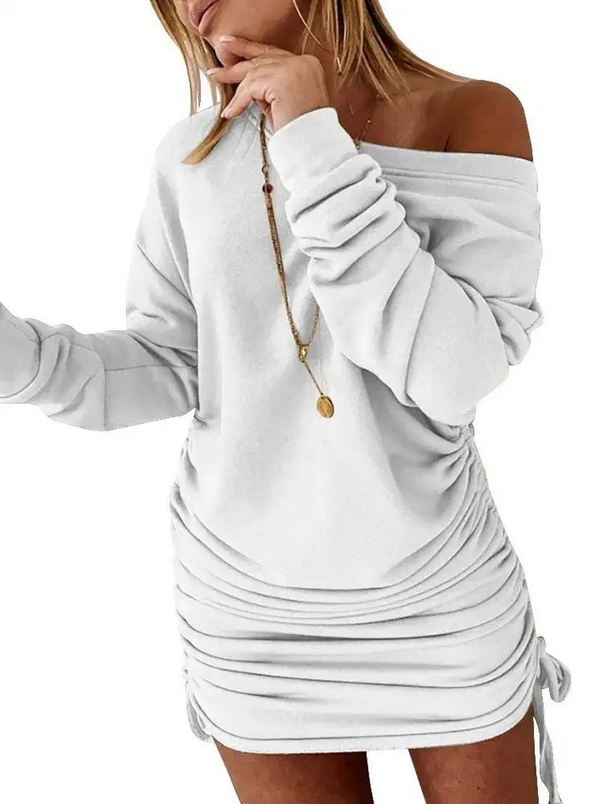 Solid Drawstring Pullover Sweatshirt Dress, Casual Ruched Long Sleeve Sweatshirt Dress