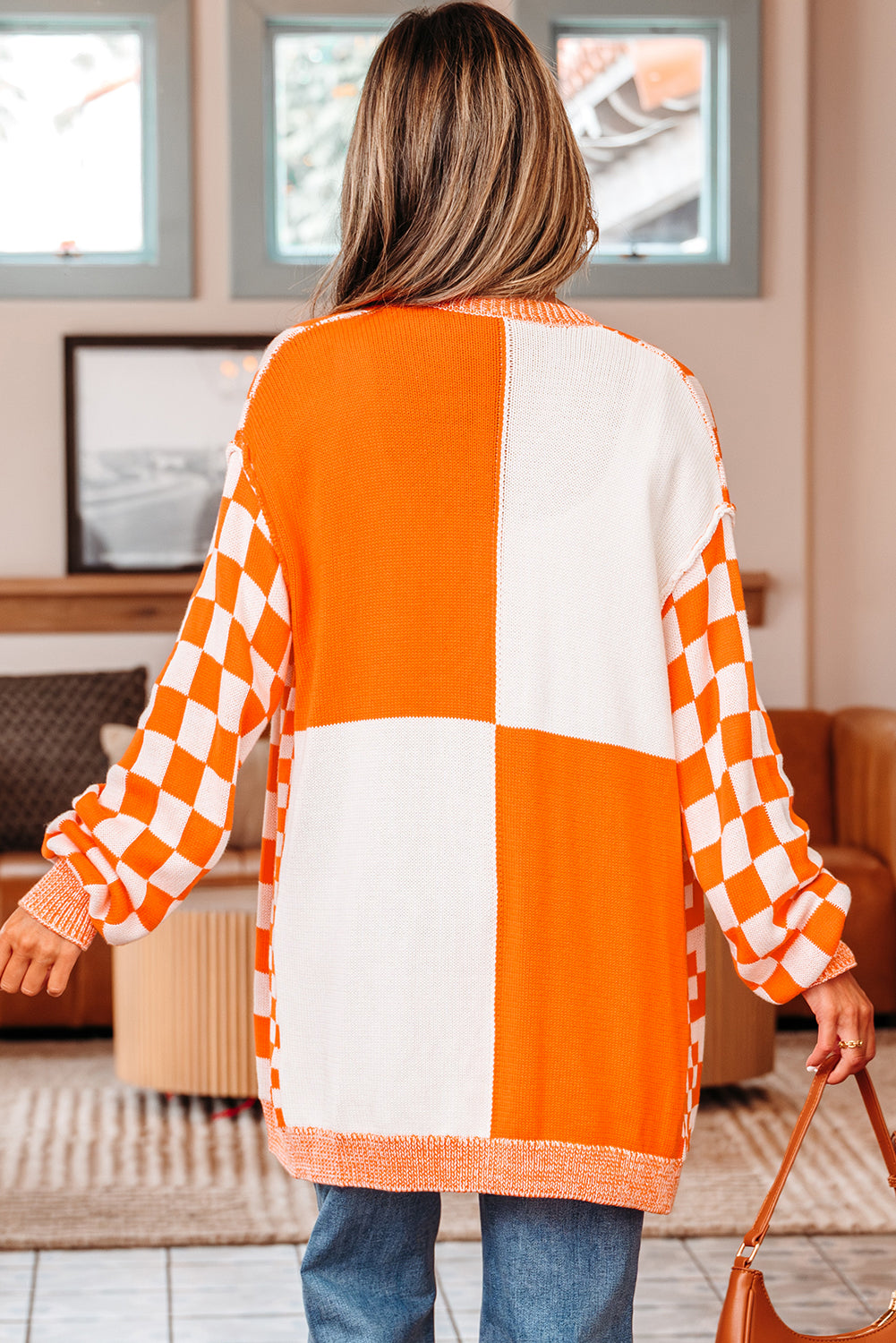 Orange Checkered Open Front Drop Shoulder Cardigan