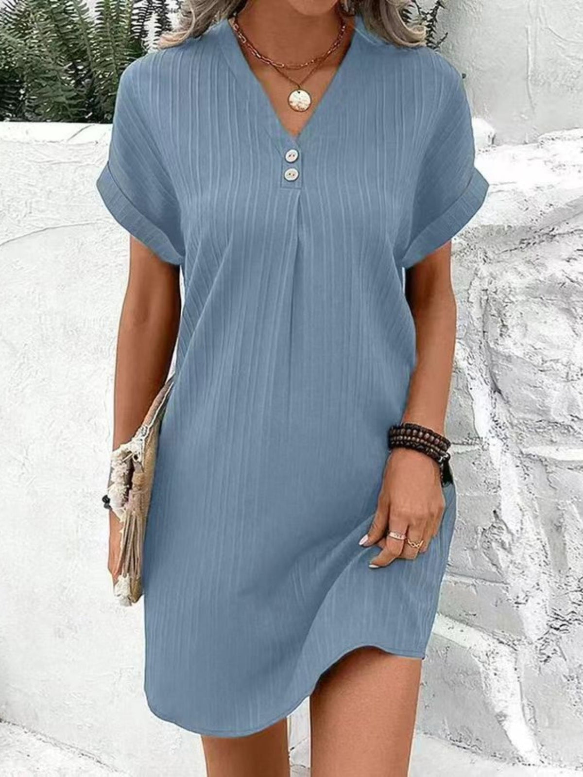 Button Decor V Neck Dress, Elegant Short Sleeve Dress