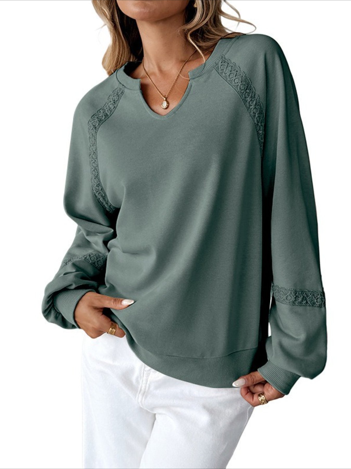 Solid Color Half-open Neck Splicing Lace Loose Fashion Long-sleeved Top