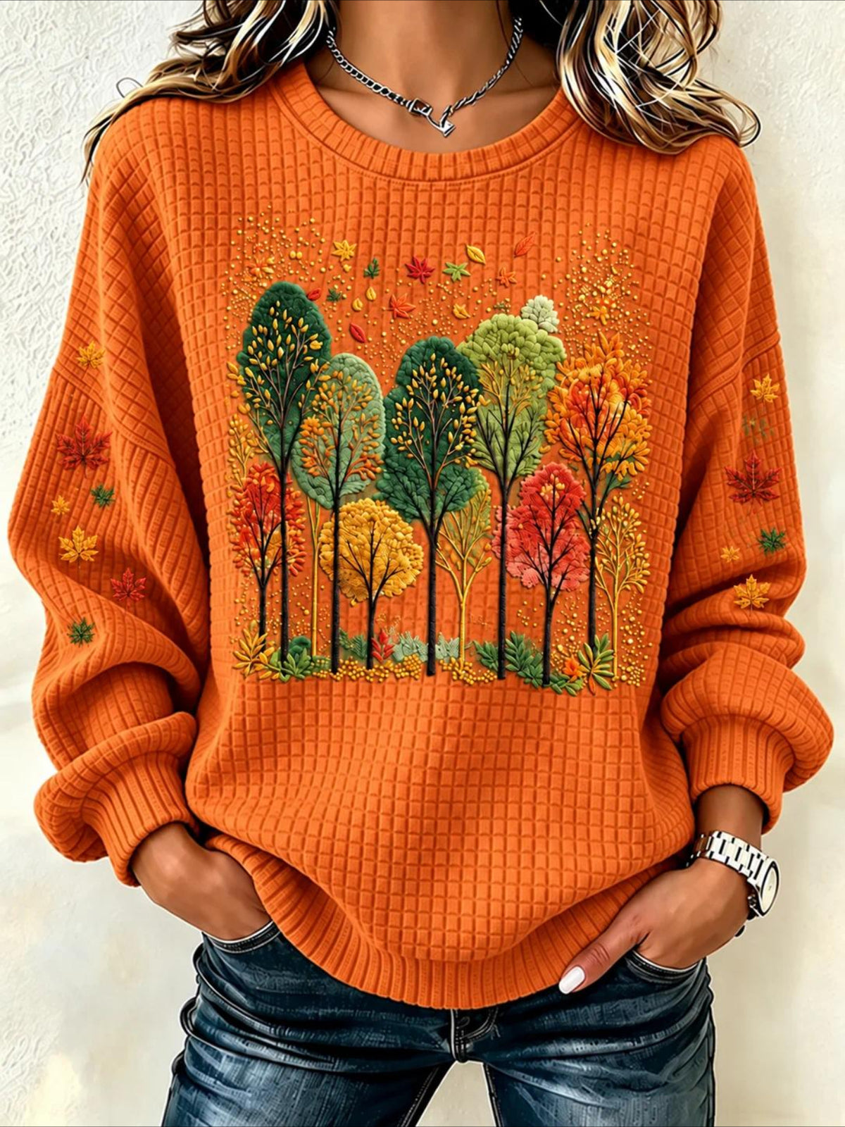 Maple Leaf Printing Casual Crew Neck Regular Fit Sweatshirt