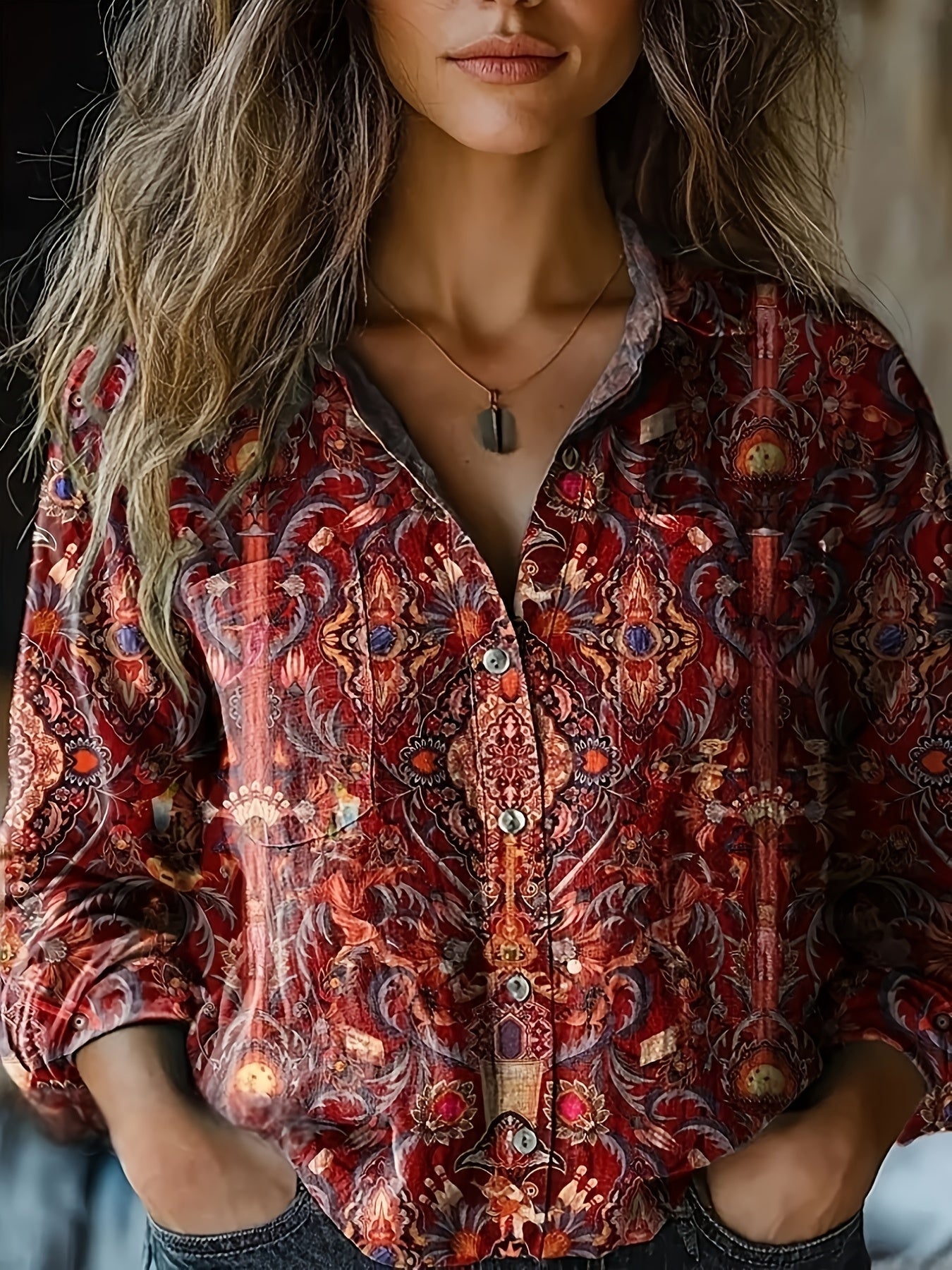Vibrant Paisley & Floral Print Women's Long Sleeve Blouse
