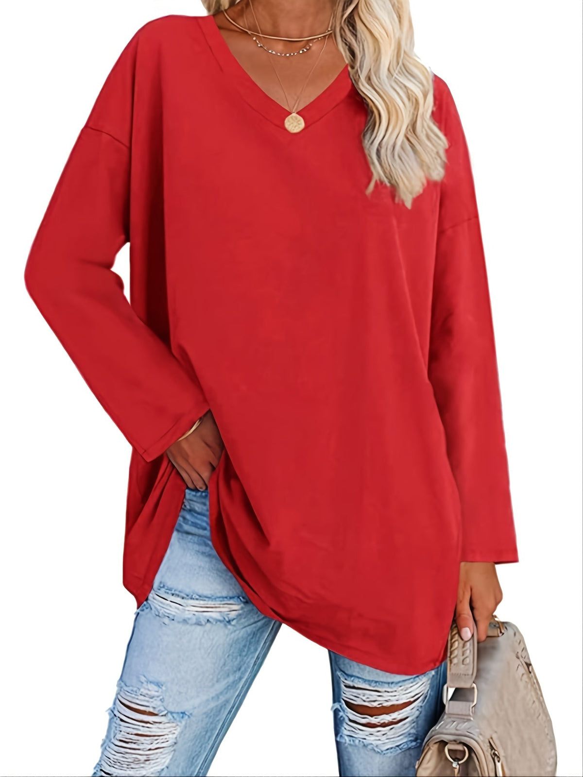 Women's Solid Color Oversized Tops, V-Neck Long Sleeve T-Shirts, Casual Loose Shirts