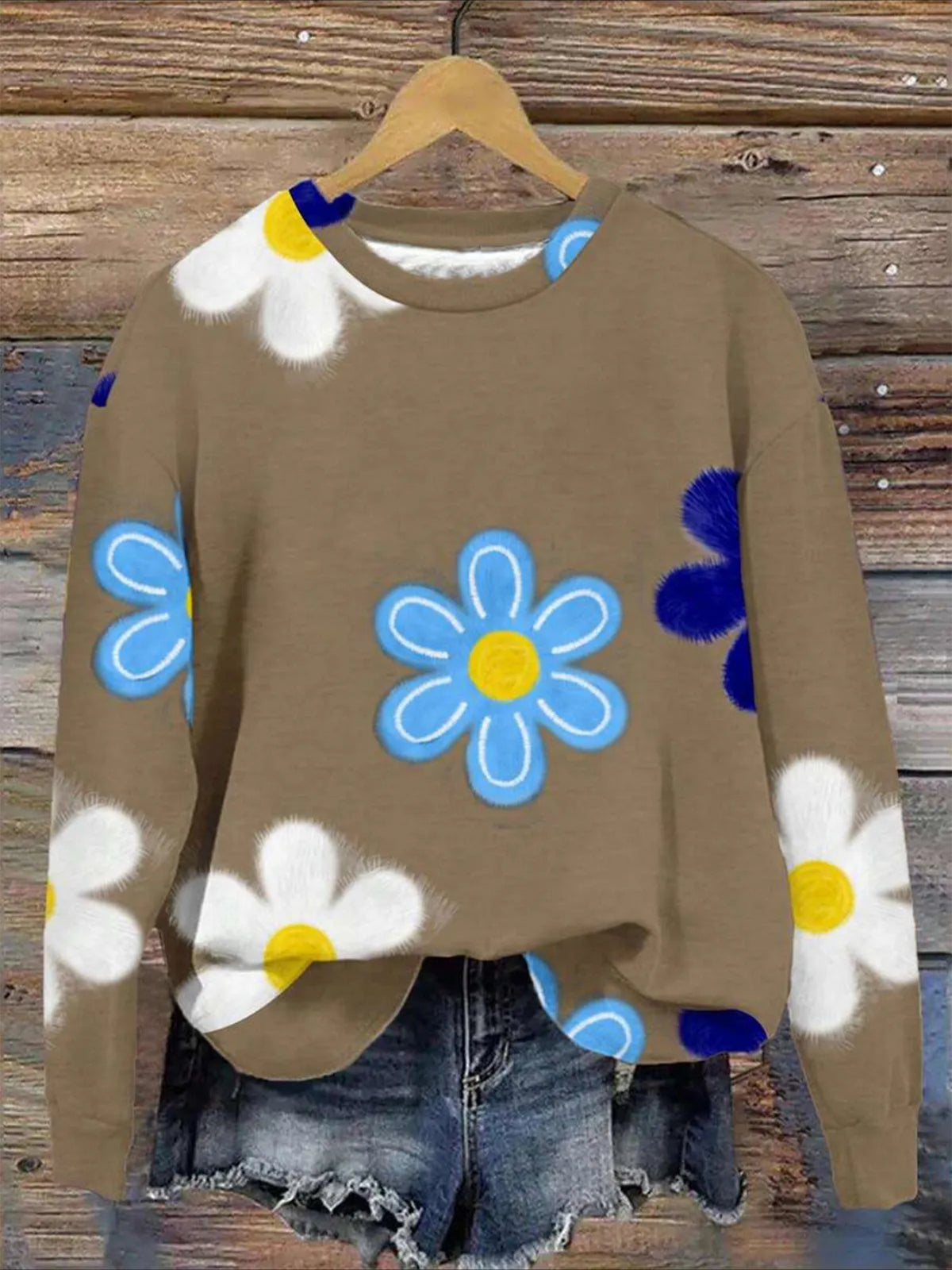 Floral Vintage Cotton-Blend Crew Neck Sweatshirt