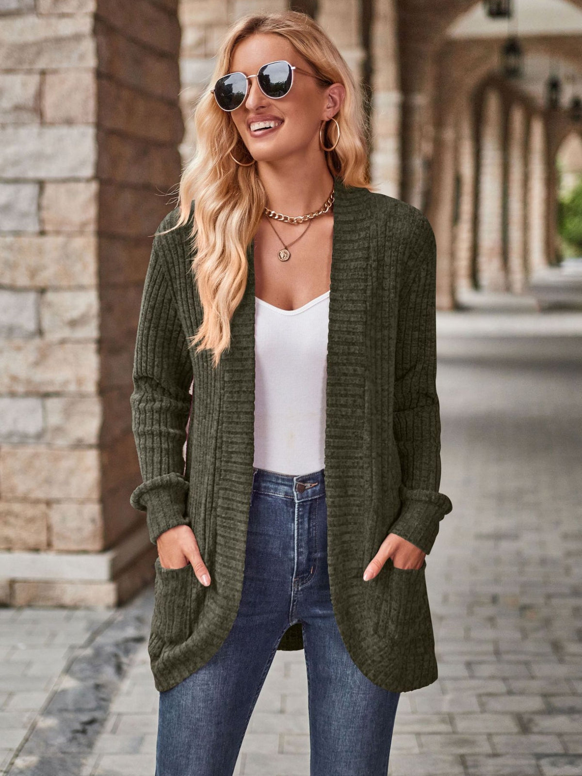 Solid Open Front Cardigan, Casual Long Sleeve Drop Shoulder Outwear