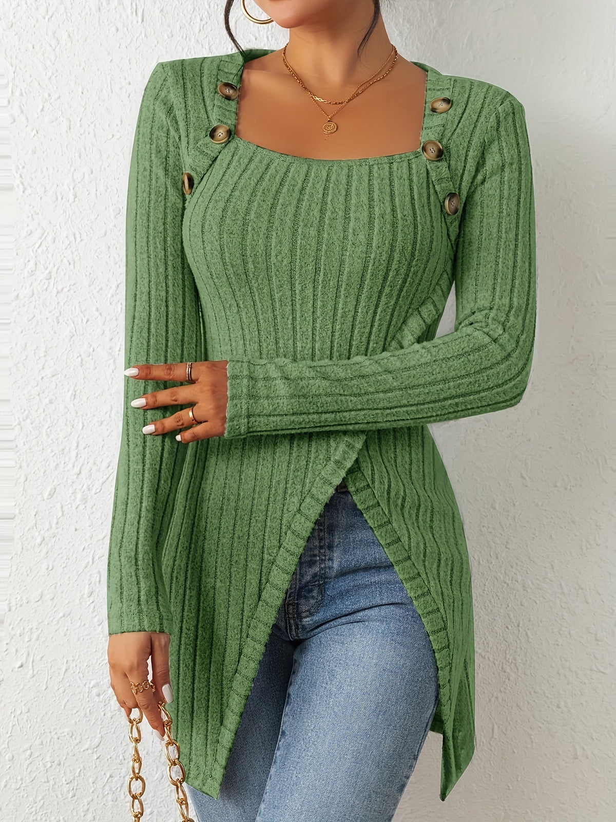 Button Decor Asymmetrical Hem T-Shirt, Casual Ribbed Long Sleeve Top