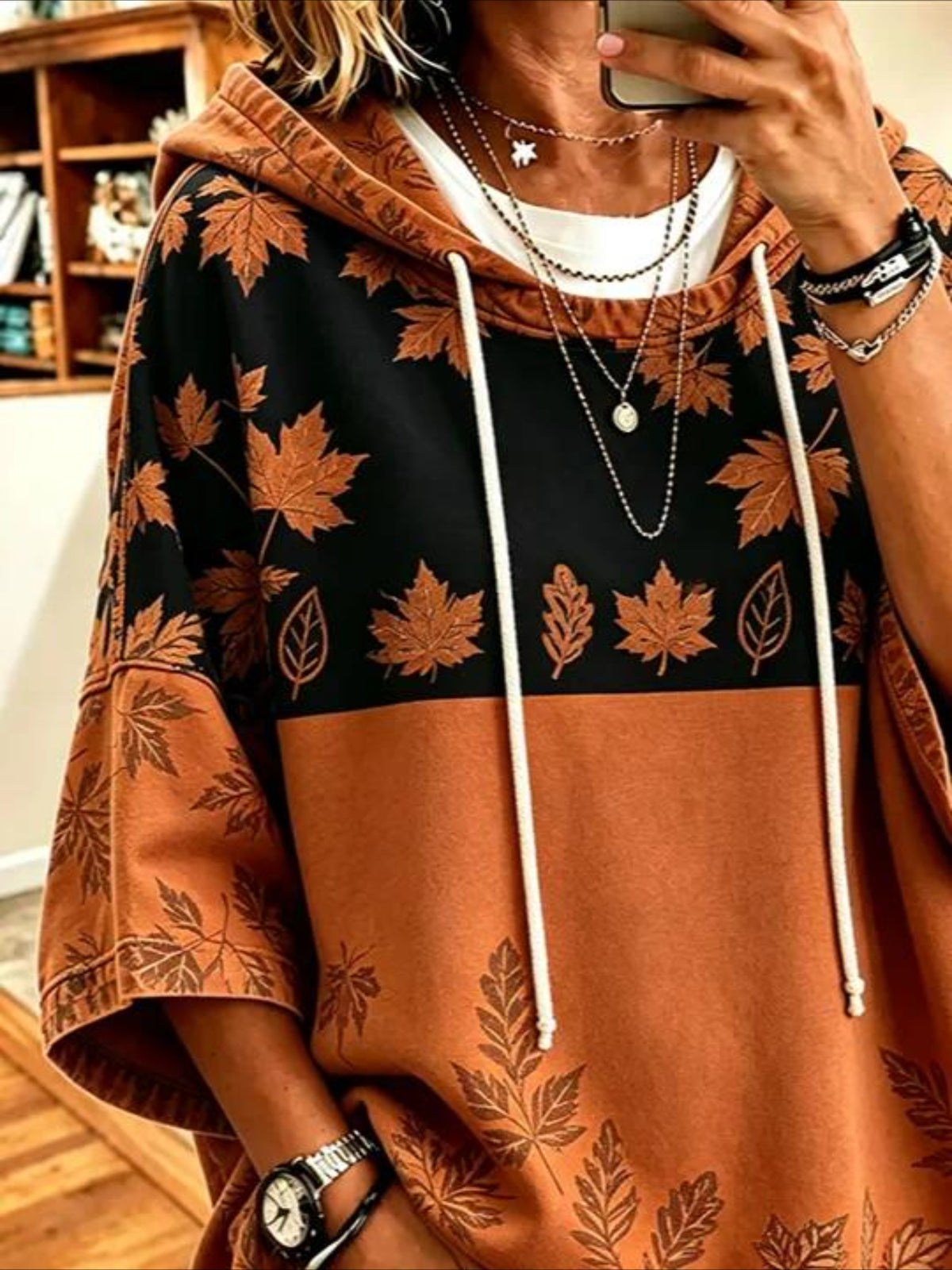 Maple Leaf Casual Loose Printing Half Sleeve Hoodie