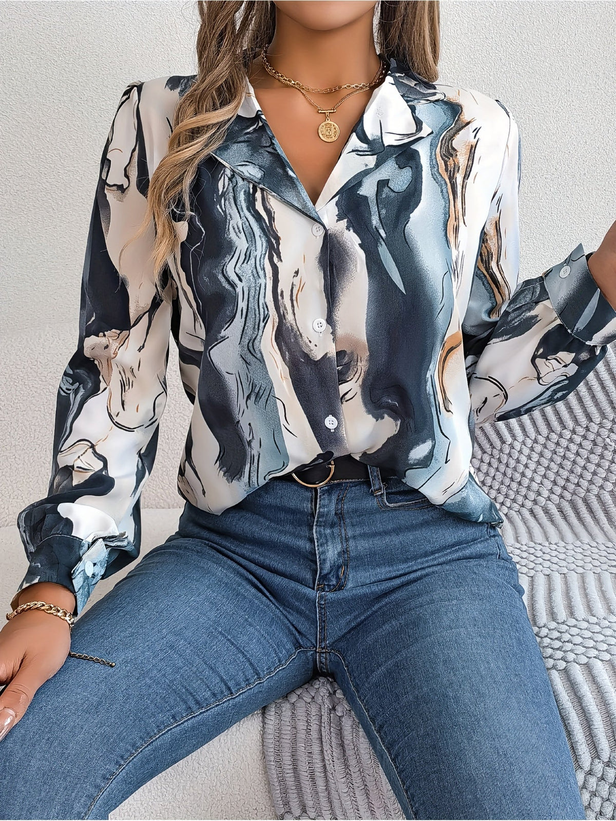 Graphic Print Button Front Shirt, Casual Long Sleeve Shirt