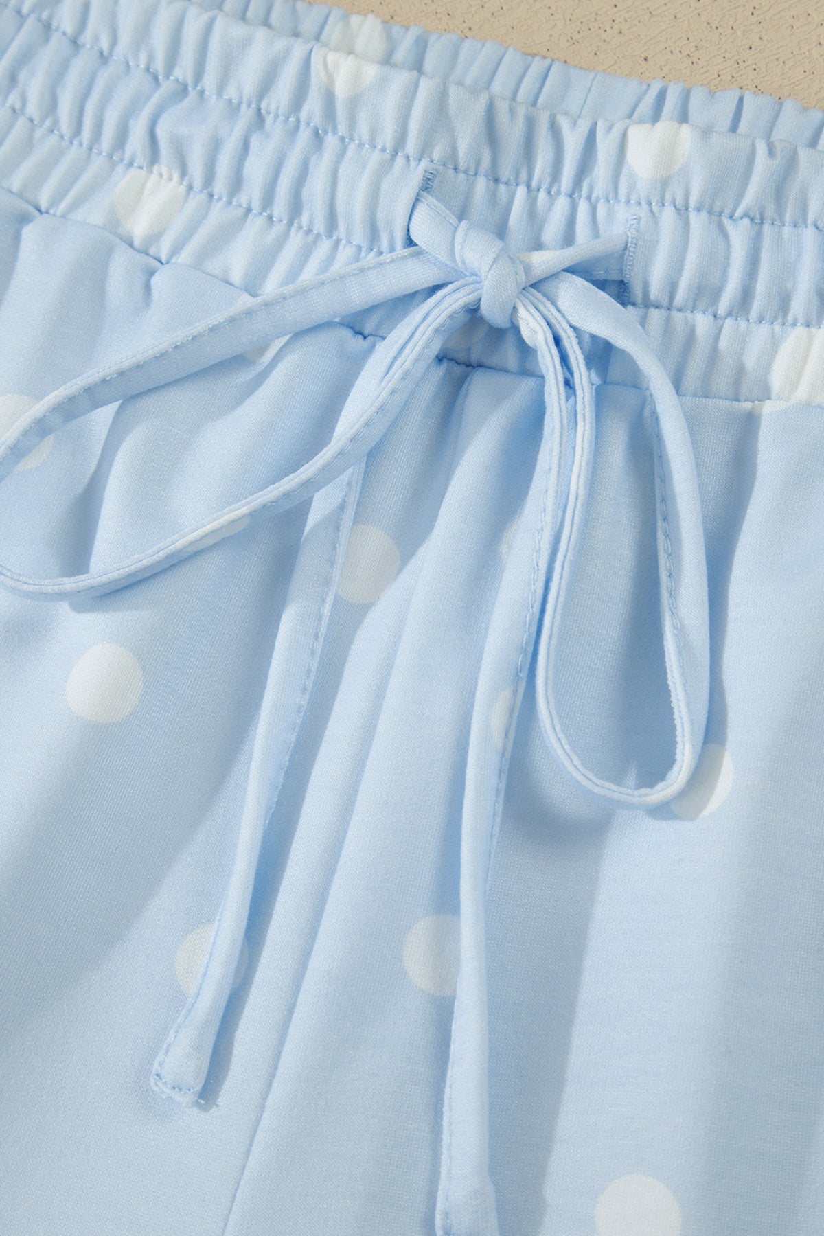 Sky Blue Polka Dot Short Sleeve Loose Top Drawstring Shorts Set