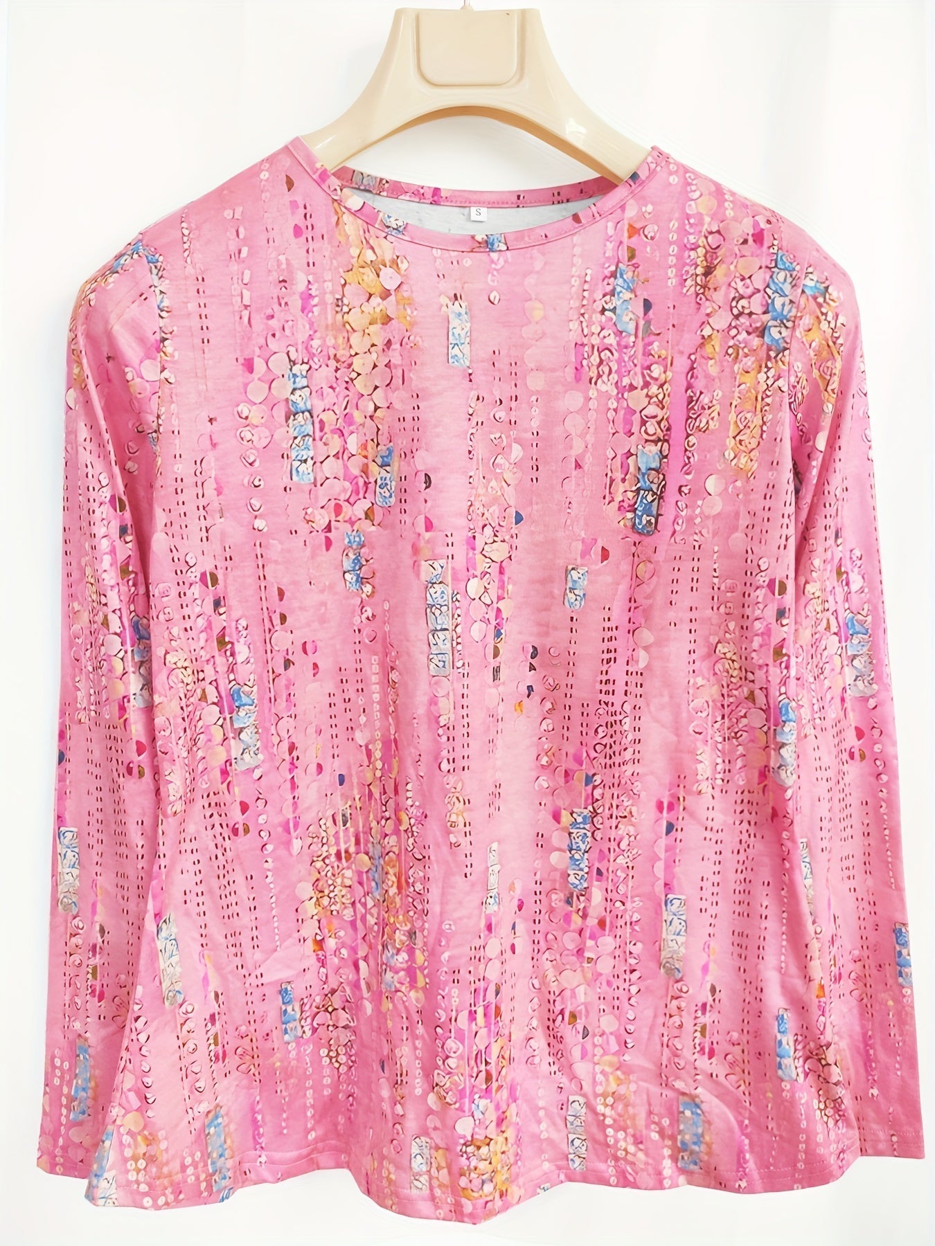Allover Print Crew Neck T-Shirt, Casual Long Sleeve T-Shirt