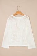 White Scalloped Trim Hollow Out Knit Long Sleeve Top