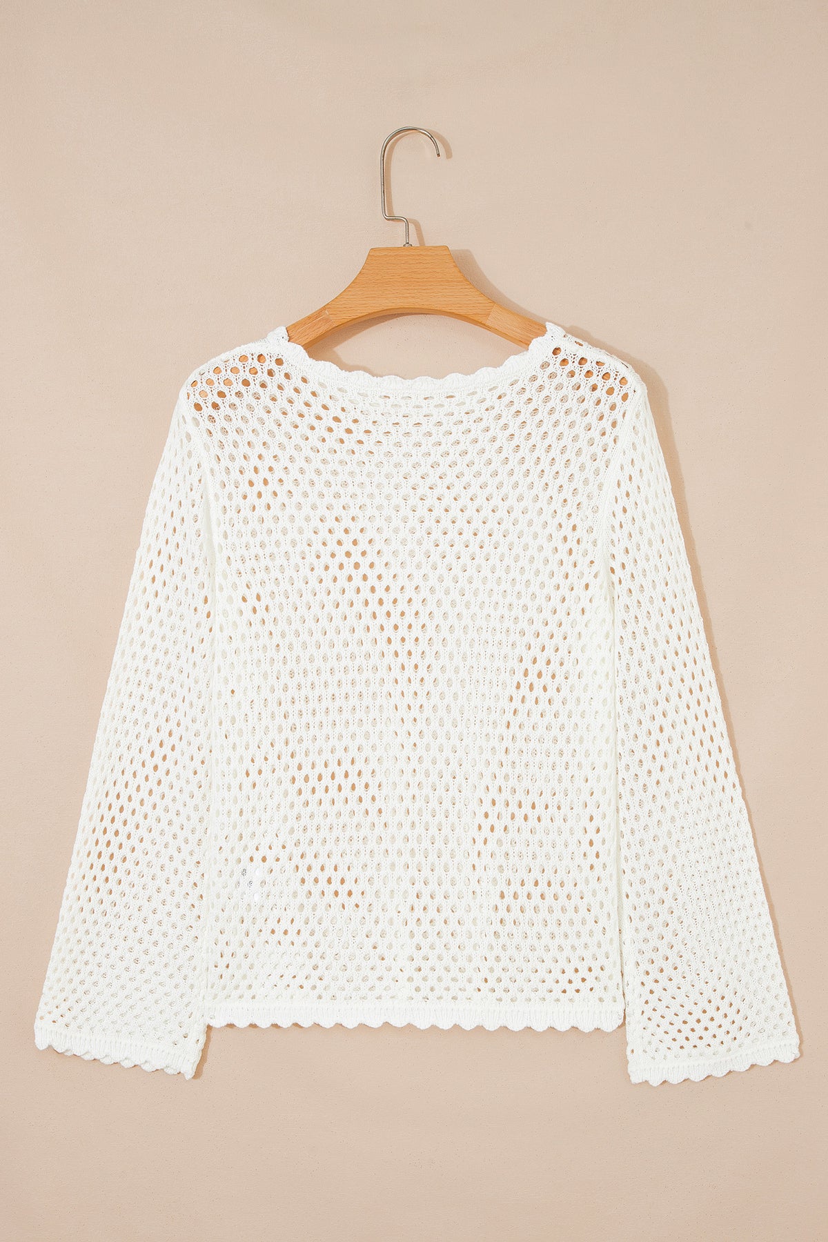 White Scalloped Trim Hollow Out Knit Long Sleeve Top