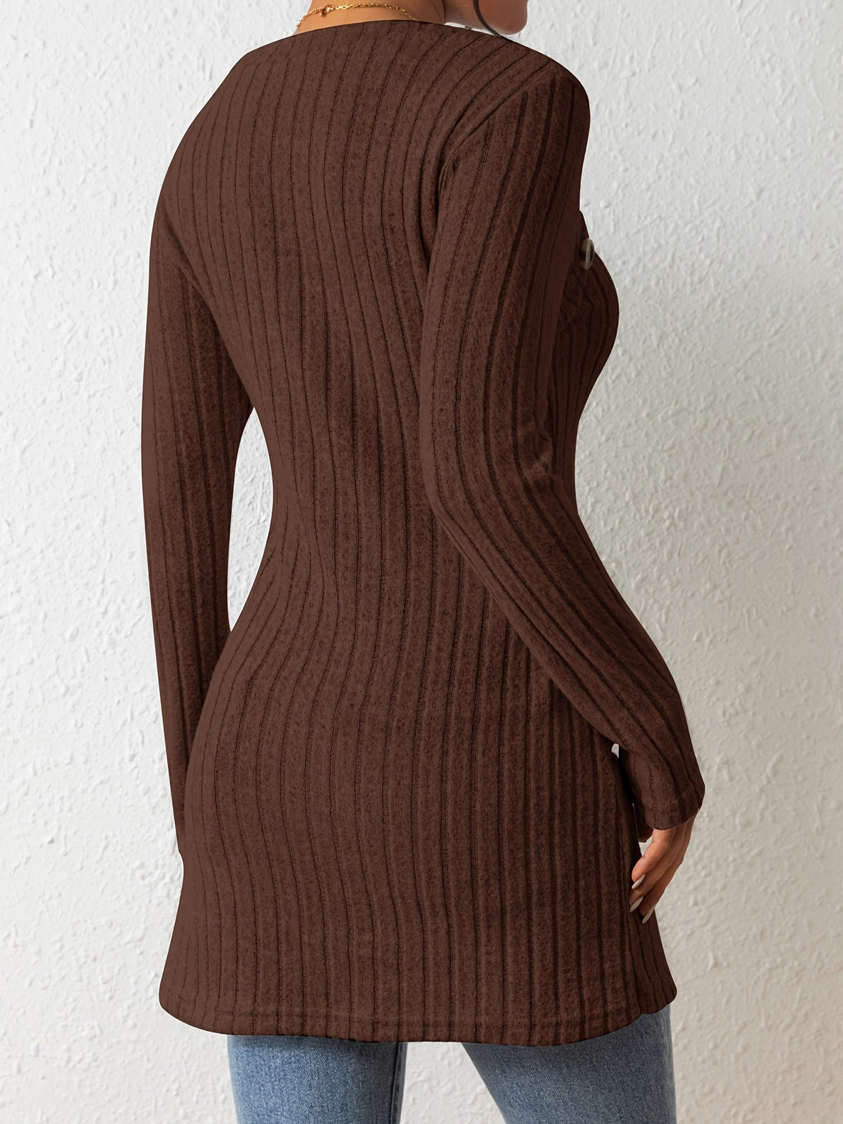Button Decor Asymmetrical Hem T-Shirt, Casual Ribbed Long Sleeve Top