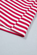 Red Stripe Colorblock Trim V Neck Tee Drawstring Elastic Waist Short Set