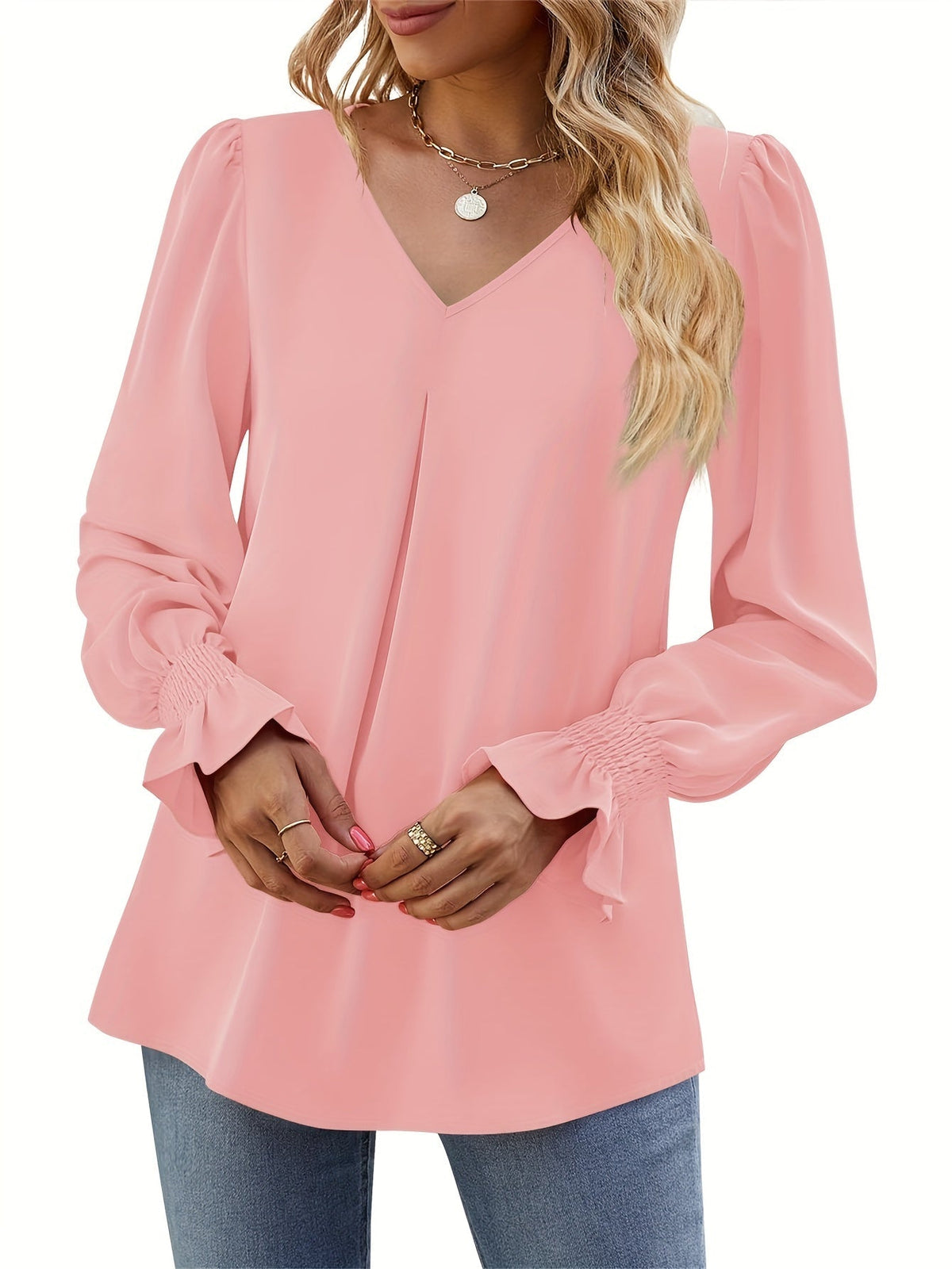 Solid V Neck Simple Blouse, Elegant Long Sleeve Ruched Blouse