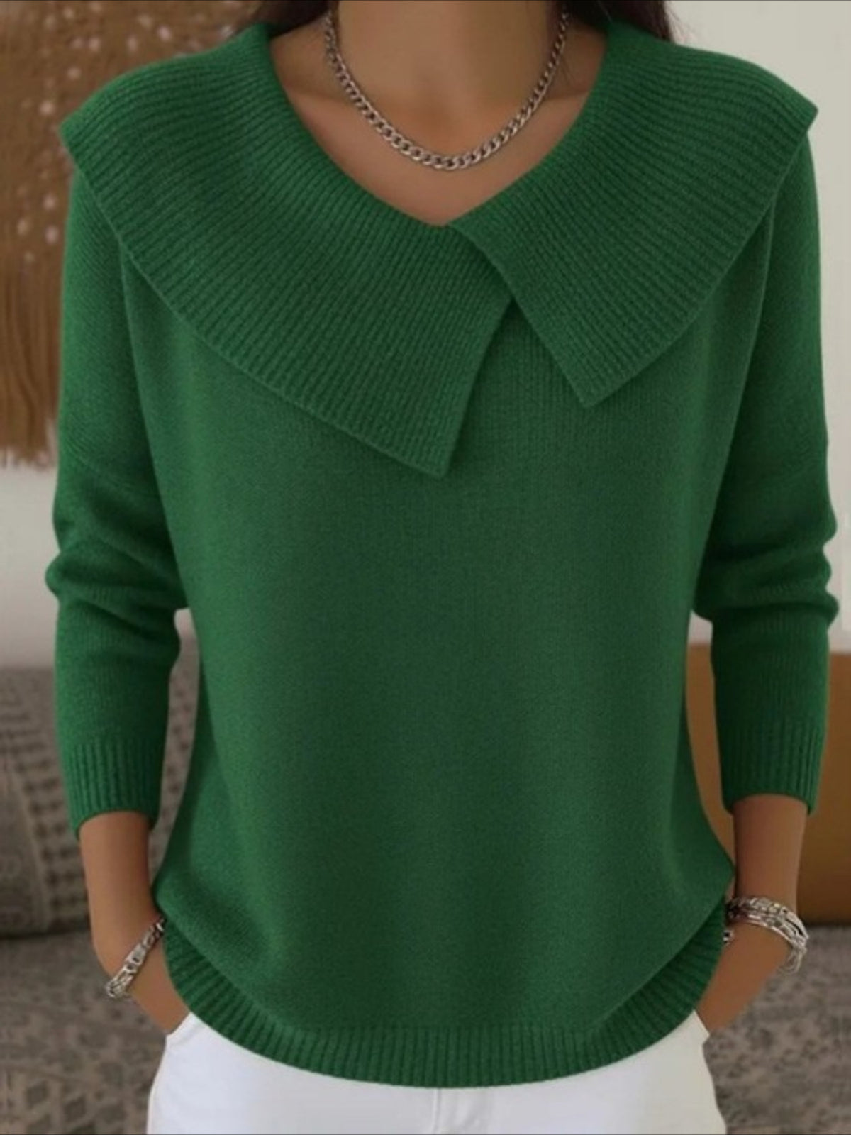 Solid Asymmetrical Lapel Color Long Sleeve Sweater