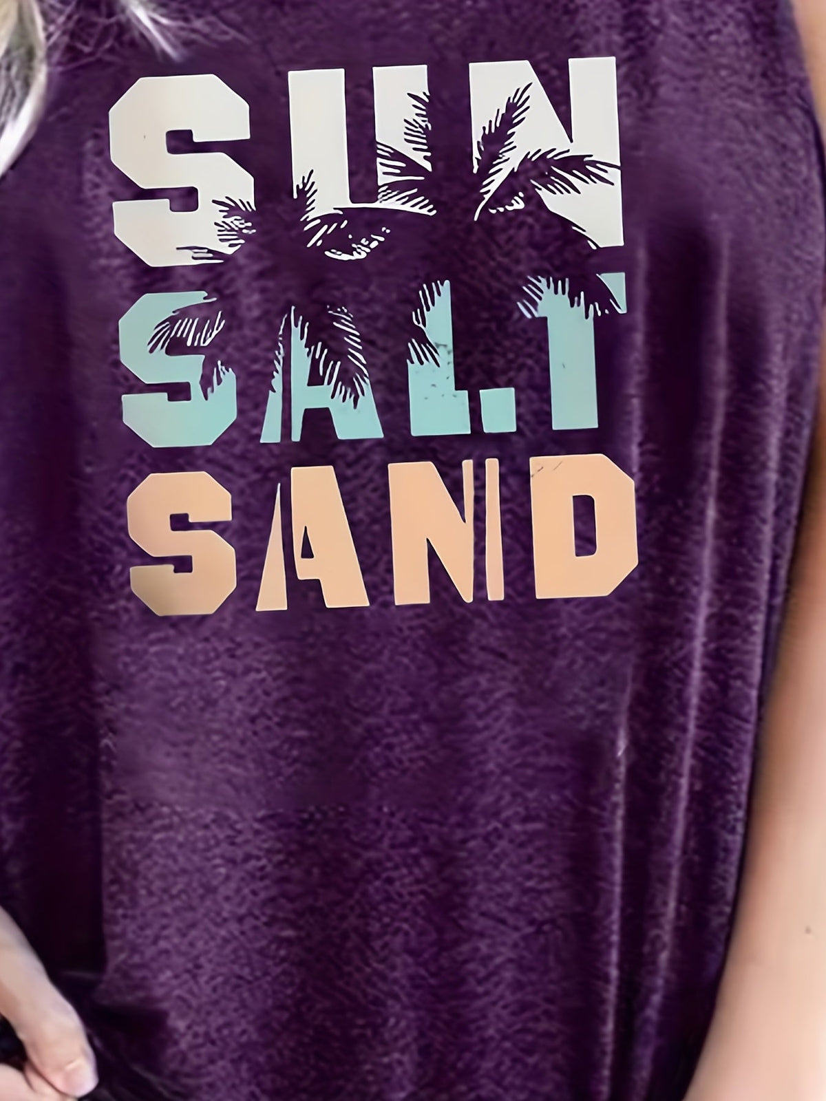 Sun Salt Sand Print Tank Top, Casual Sleeveless Crew Neck Beach Tank Top