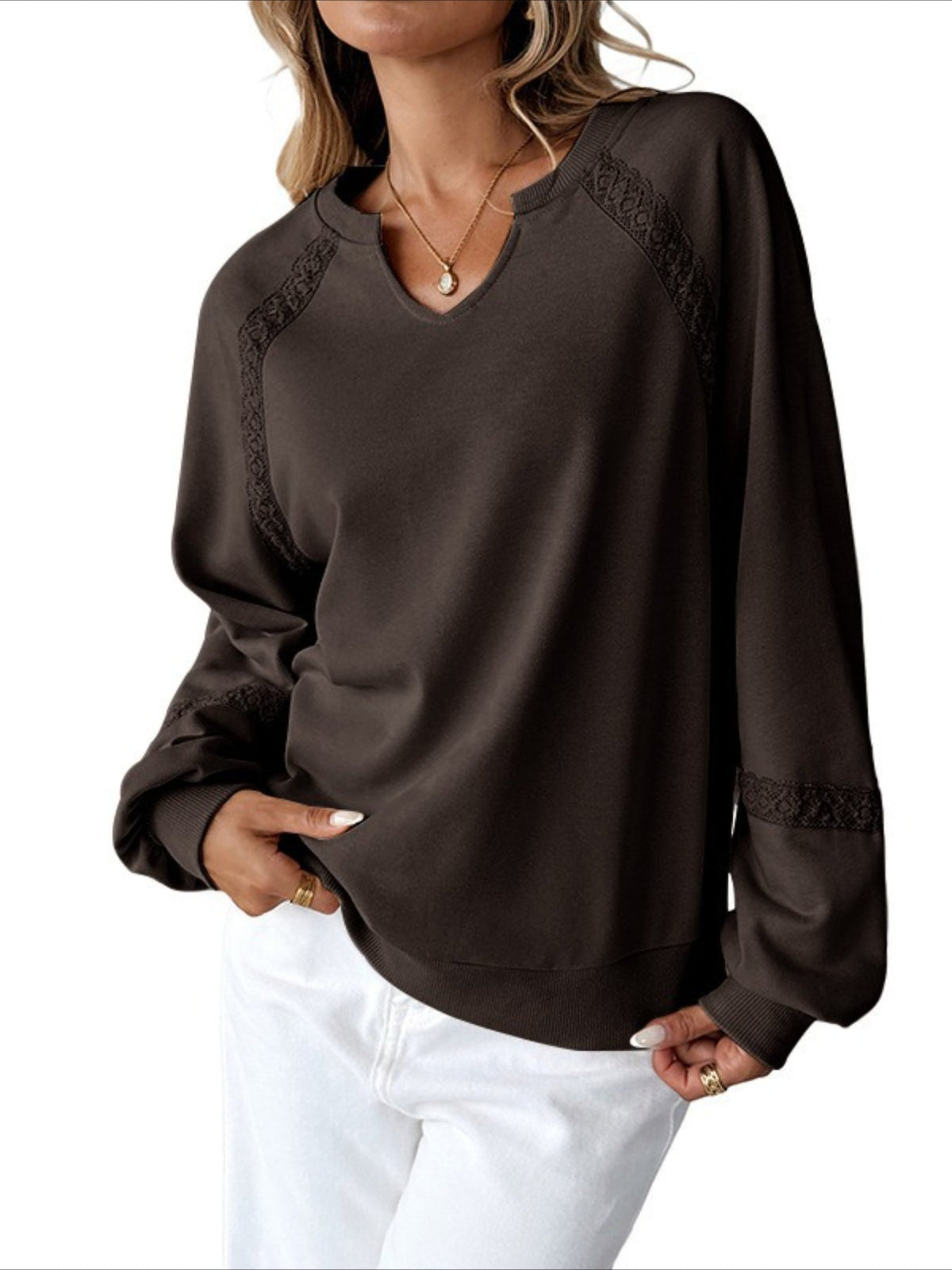Solid Color Half-open Neck Splicing Lace Loose Fashion Long-sleeved Top