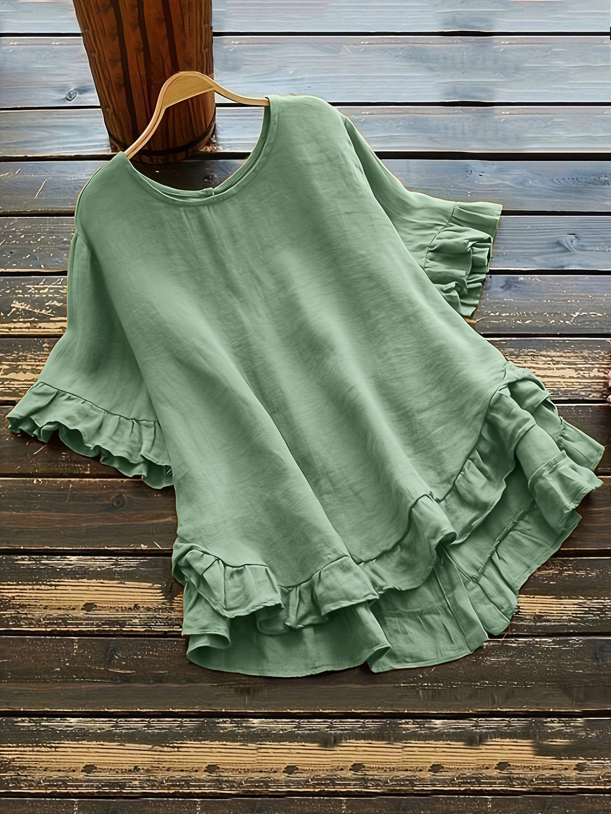 Solid Button Back Ruffled Trim Blouse, Casual Short Sleeve Blouse