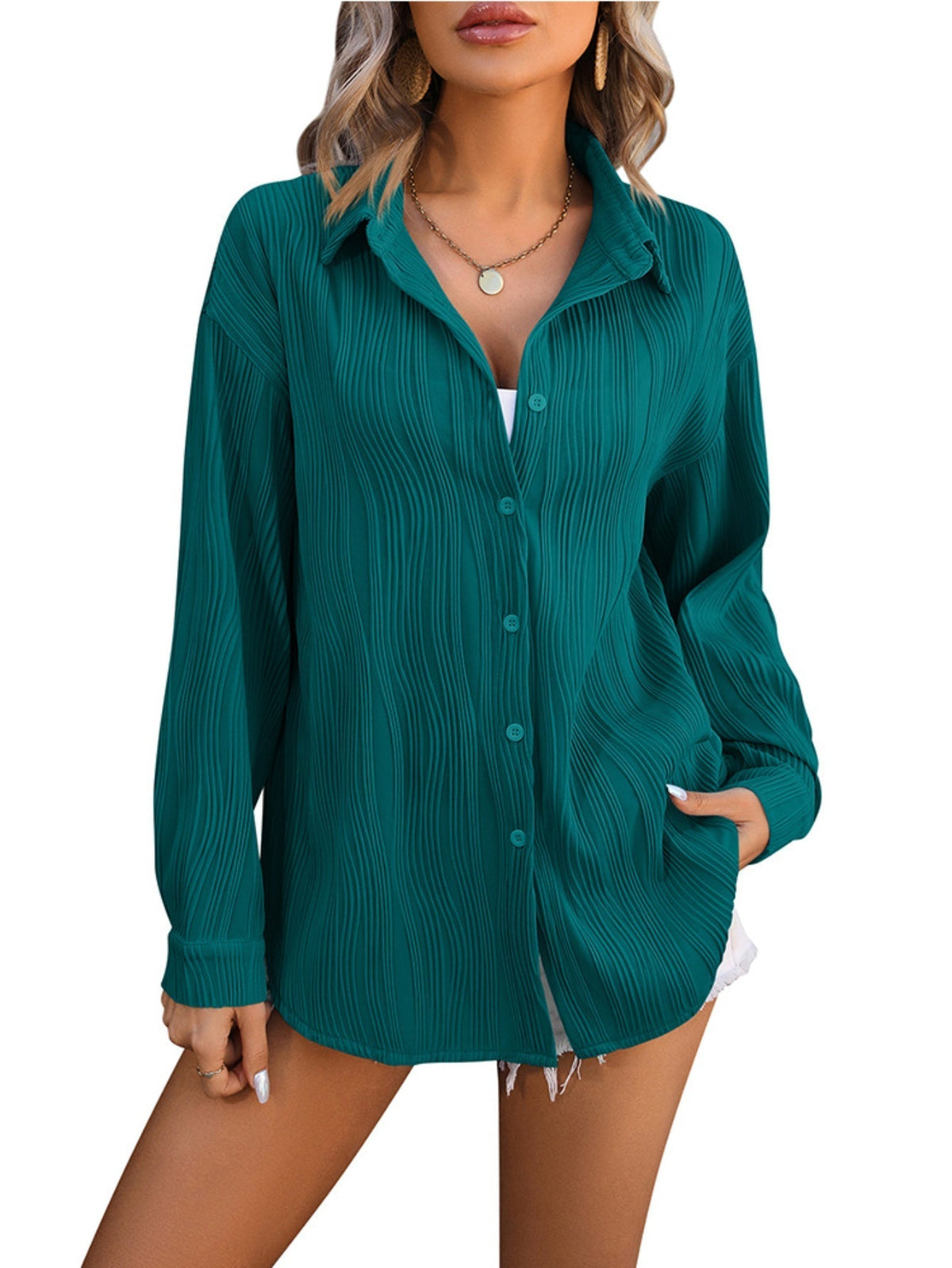 Solid Textured Button Front Shirt, Vintage Long Sleeve Shirt