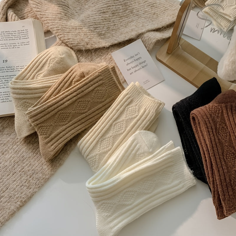 2/6 Pairs Thick & Warm Cream Color Socks, Retro Art Pattern Mid Tube Socks