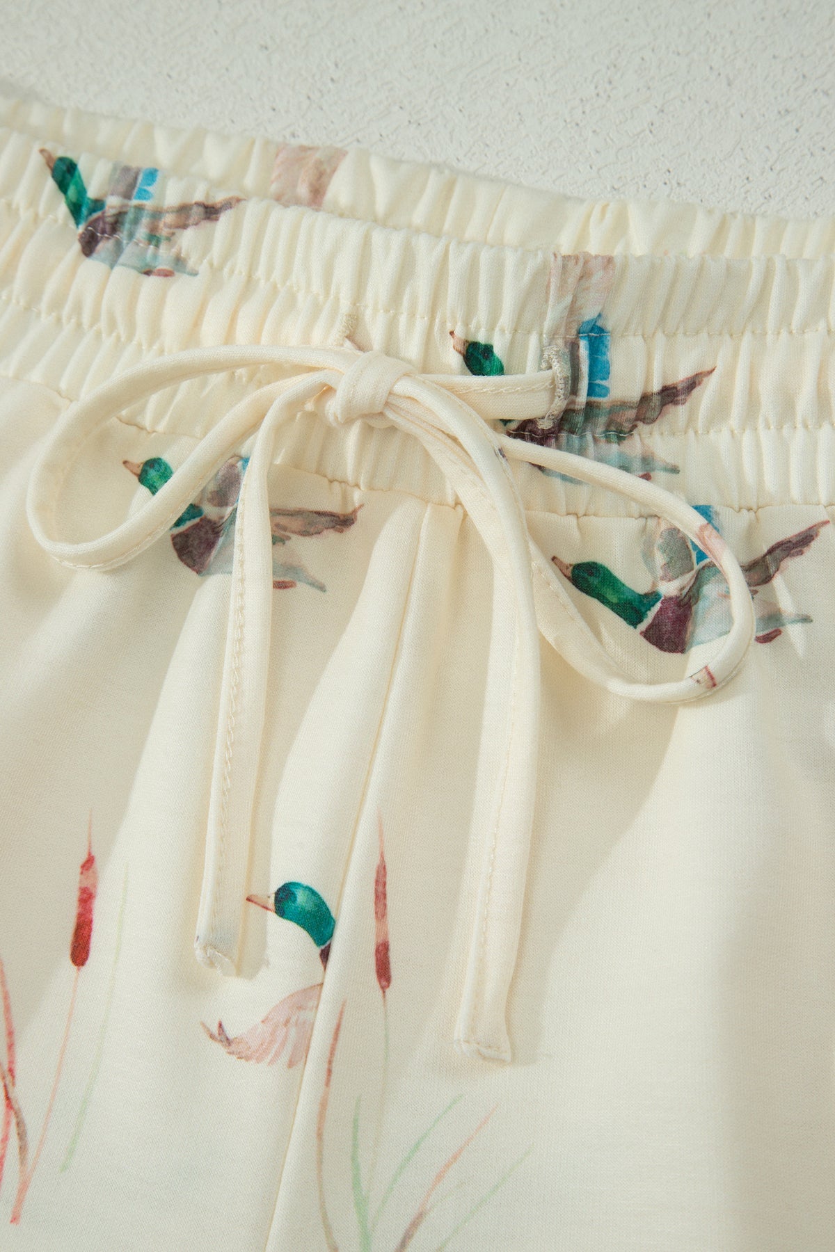 Beige Mallard Duck Print Oversized Tee Drawstring Short Set