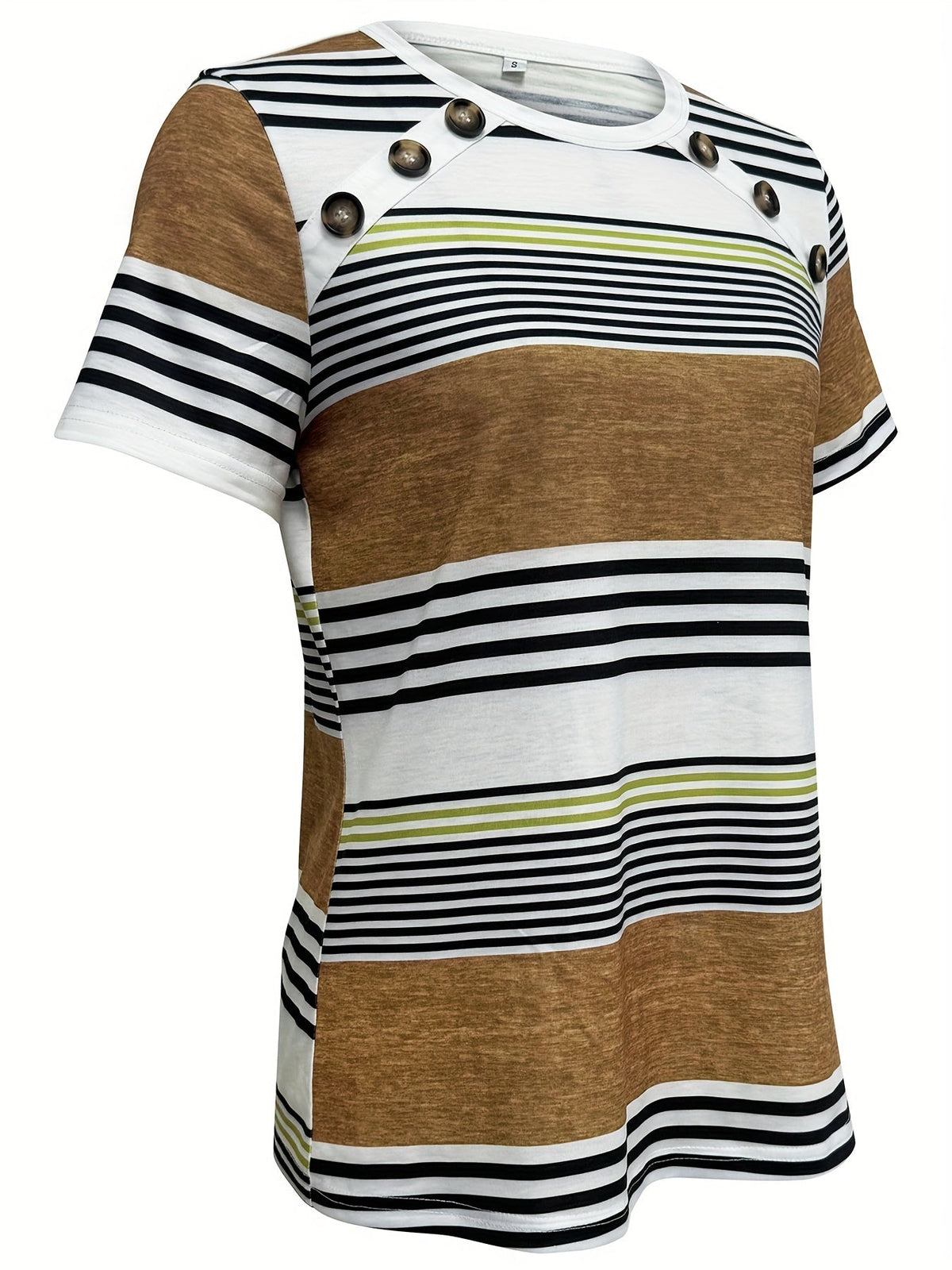 Button Front Vibrant Striped Short Sleeve Crew Neck T-Shirt