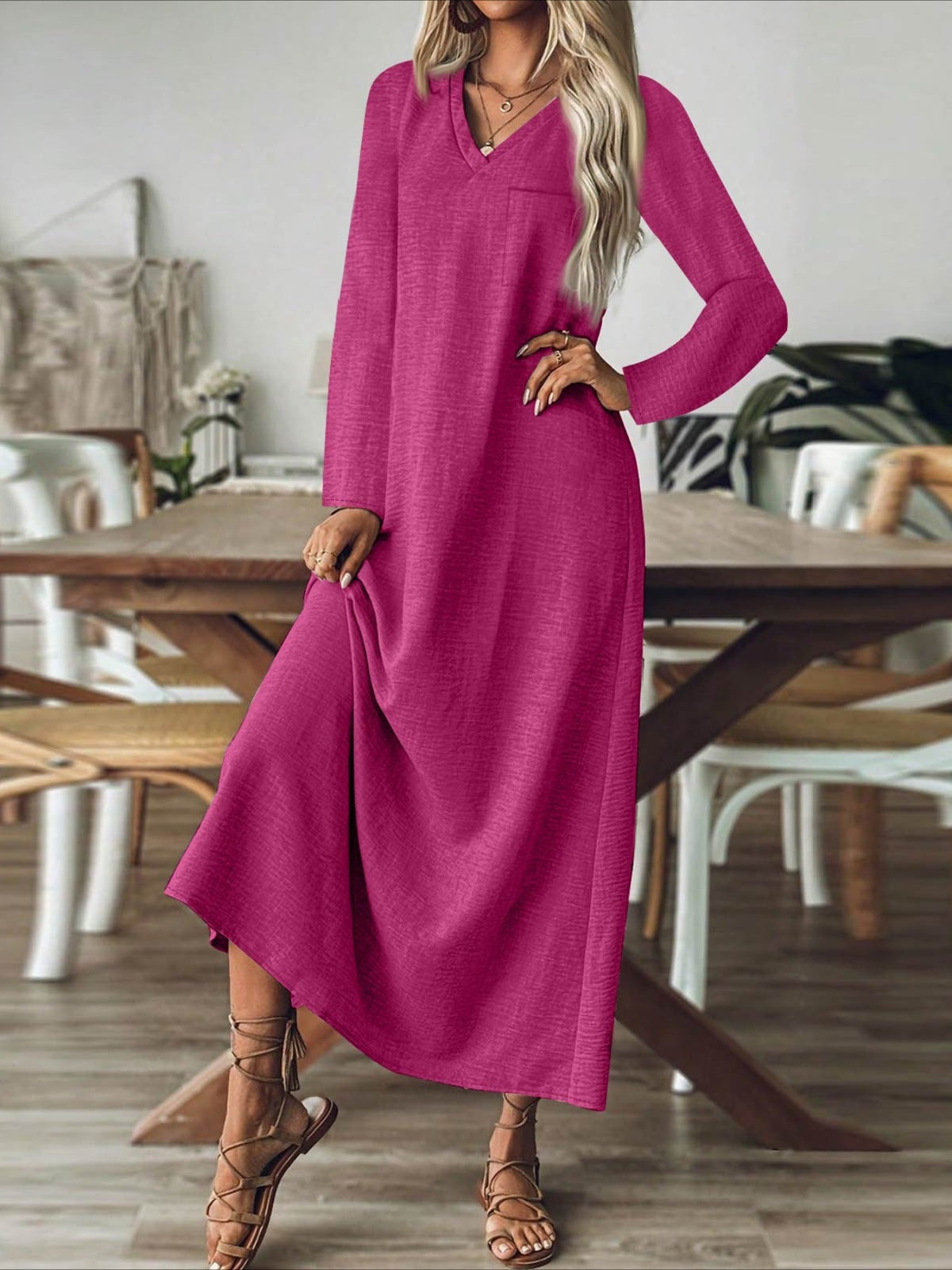 Back Zipper Solid Color Long Sleeve Cotton and Linen Dress