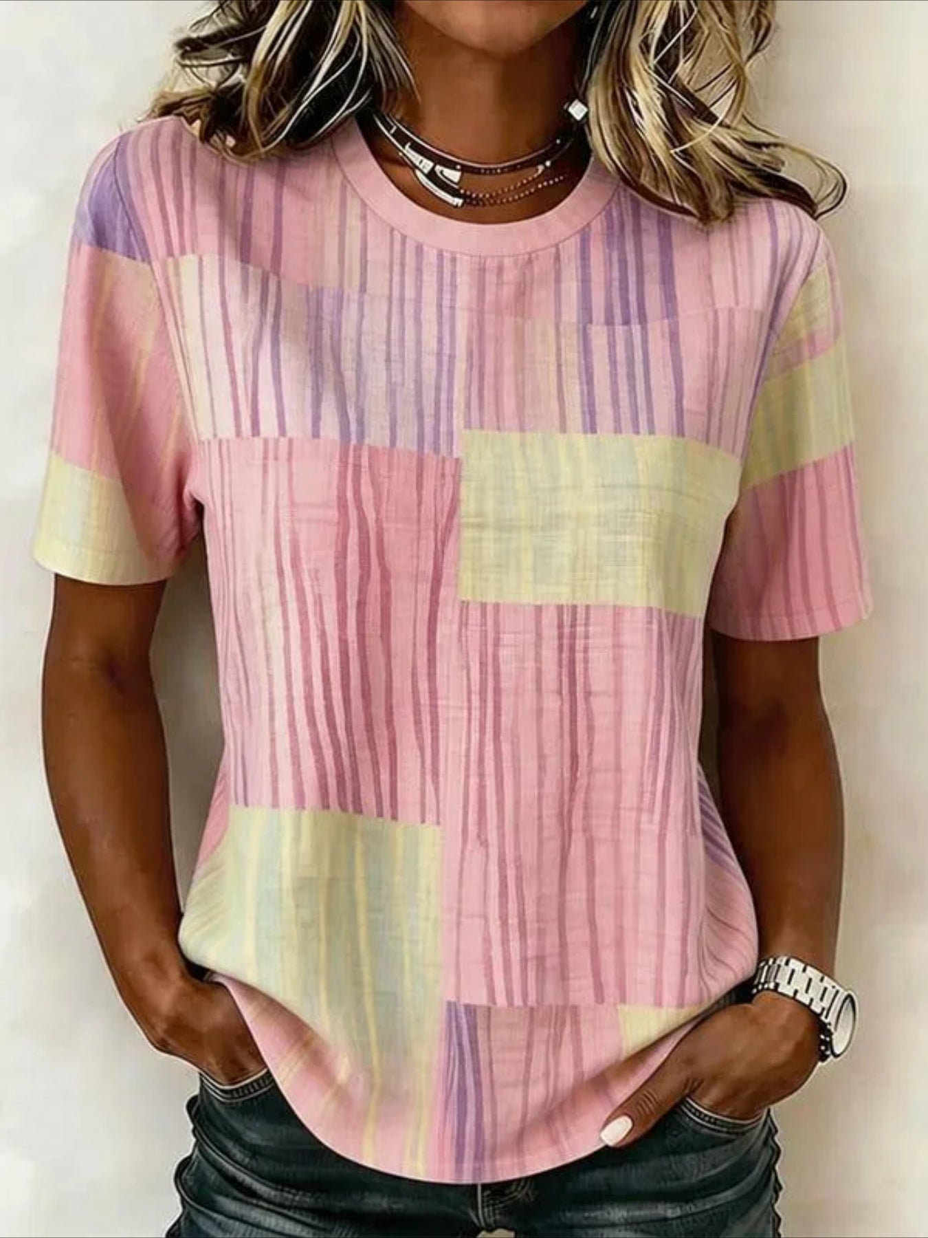 Stripe Casual Pattern Crew Neck Short Sleeve T-shirt
