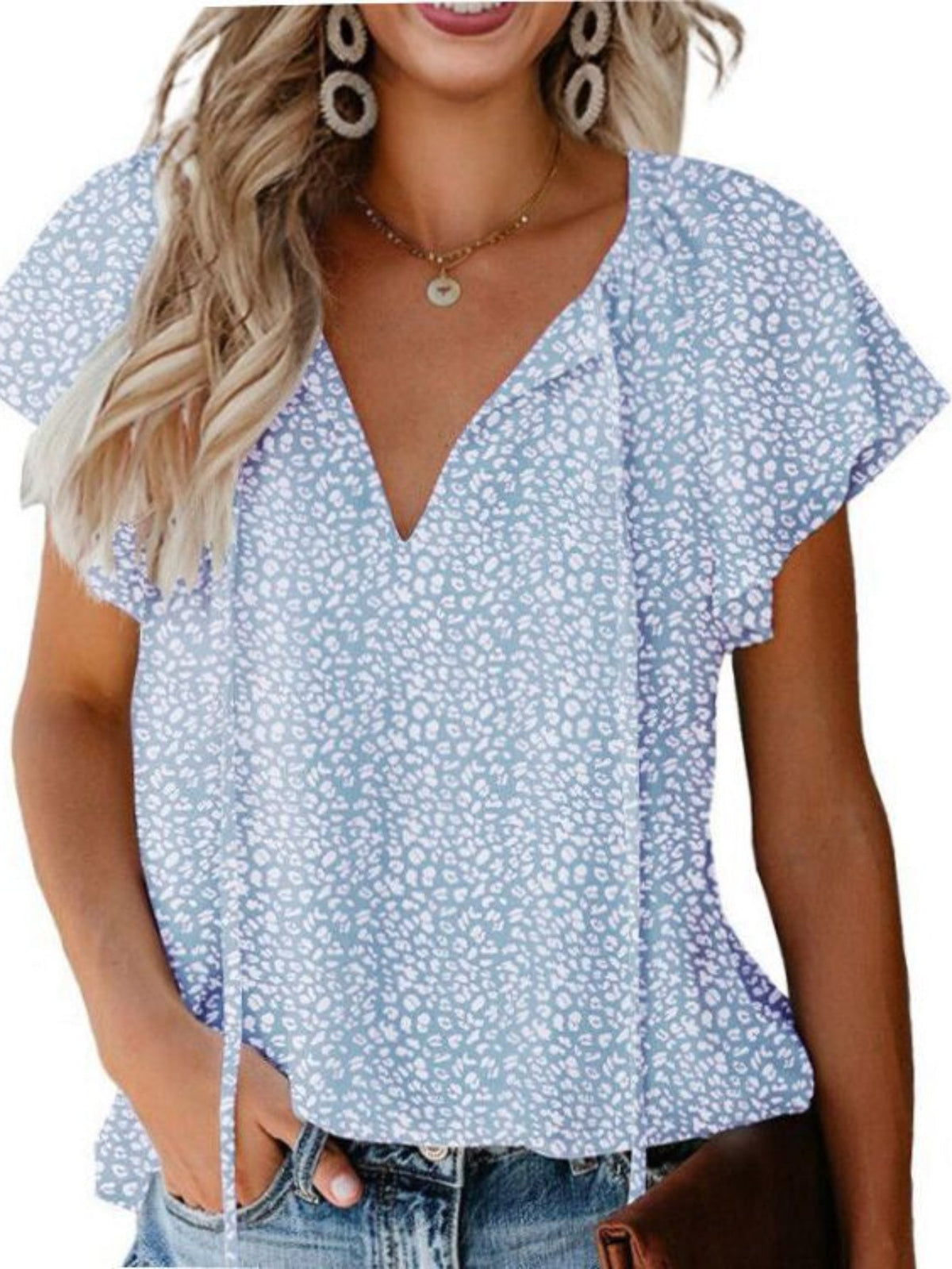 V Neck Flutter Sleeve Blouse, Loose Casual Top