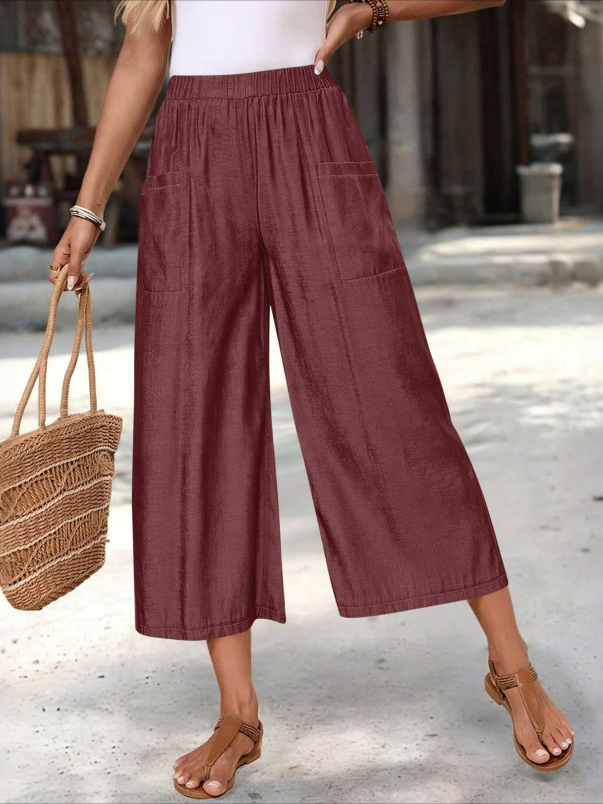 Solid Color Elastic Waist Y Casual Wide-Leg Ankle Pants