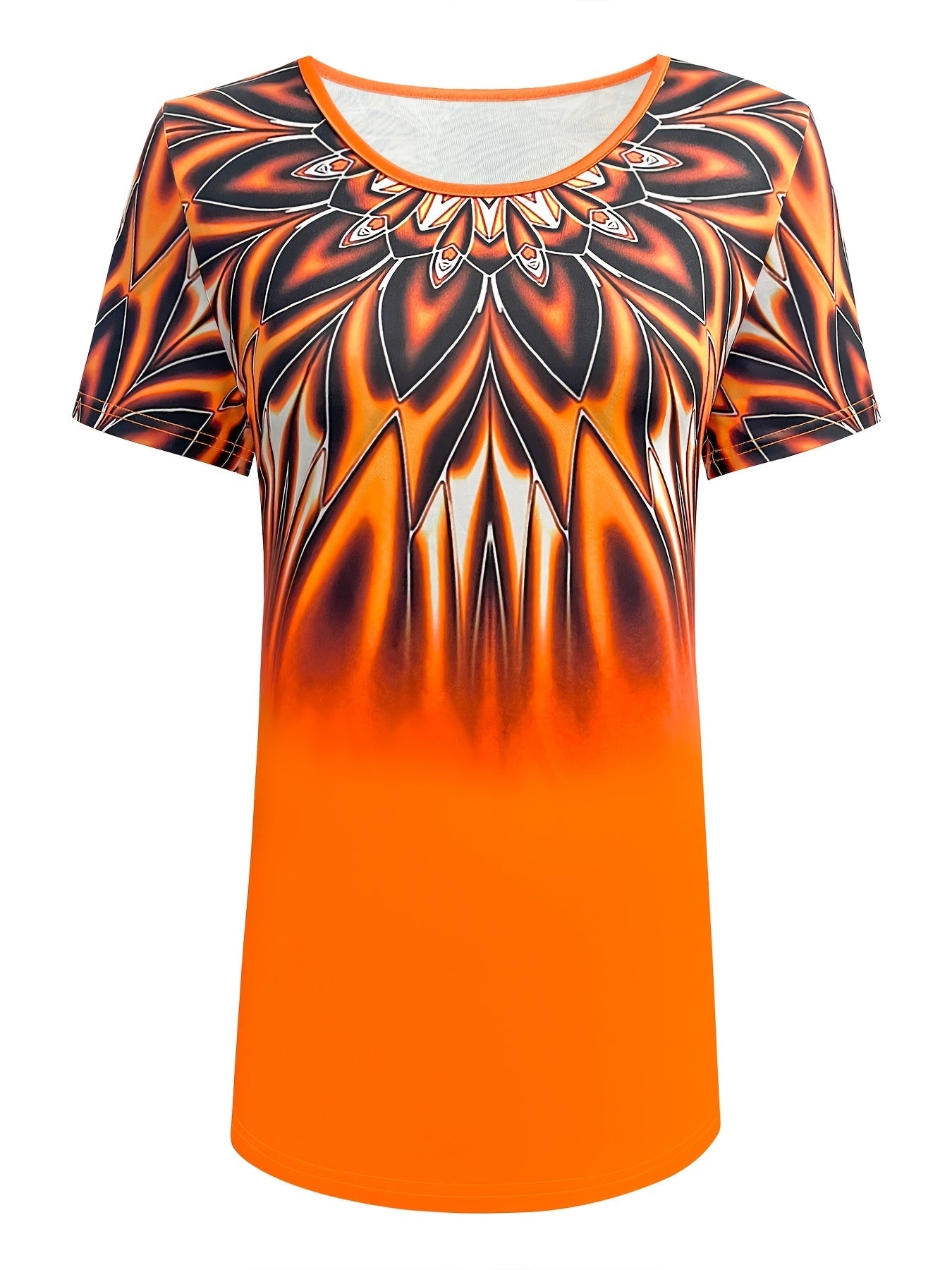 Vibrant Floral Print Crew Neck Short Sleeve Ombre T-Shirt