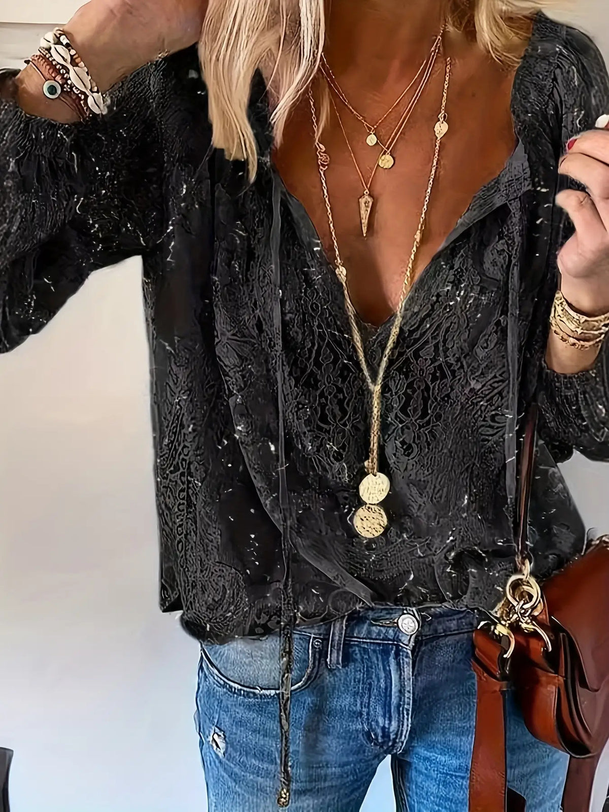 Elegant Lace Long Sleeve Bell Shirt with Contrast Lace Trim