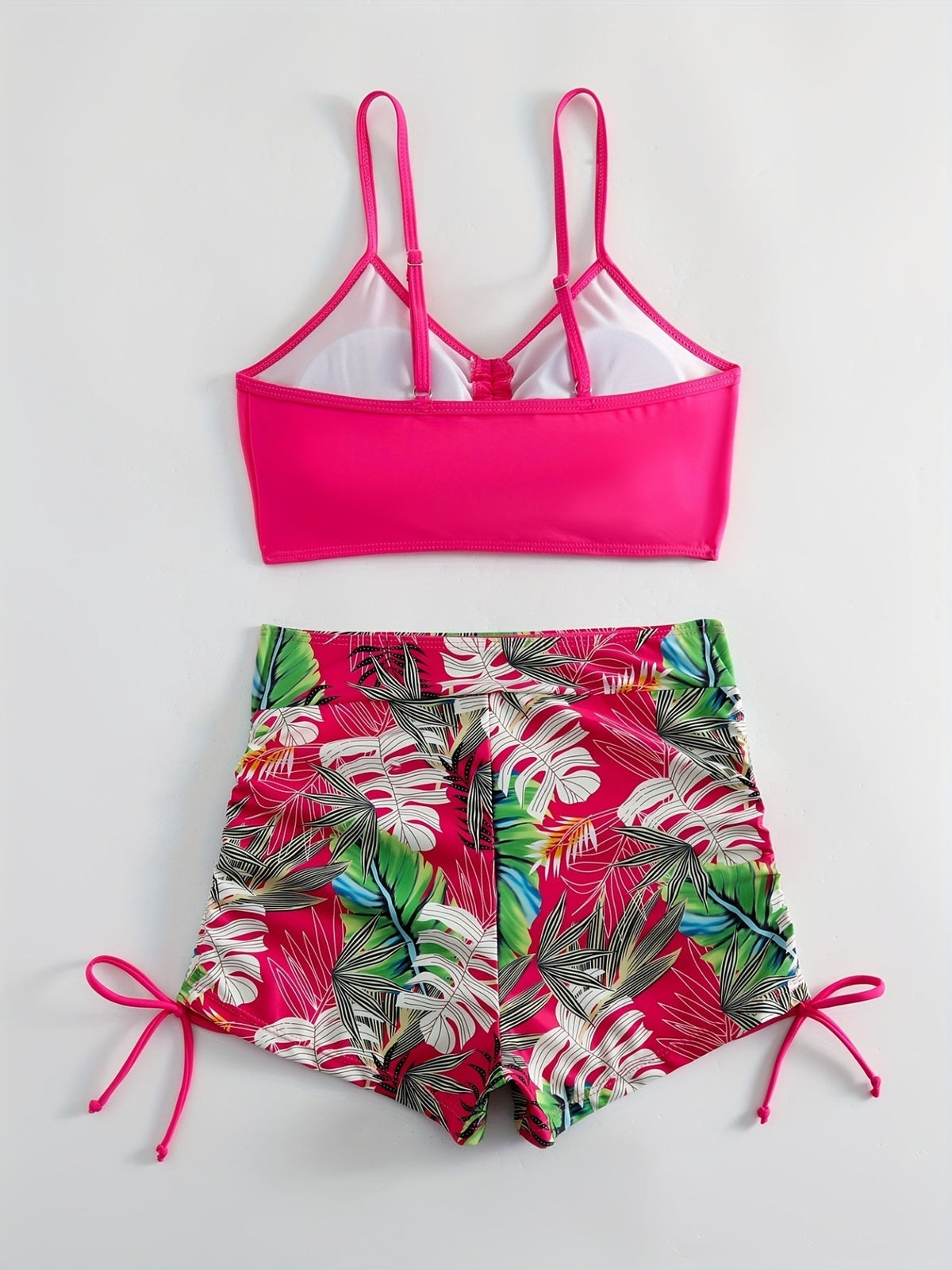Tropical Leaf Print V Neck High Waist Bikini Sets, Drawstring Spaghetti Straps Boxer Short Bottoms Two Pieces Swimsuit